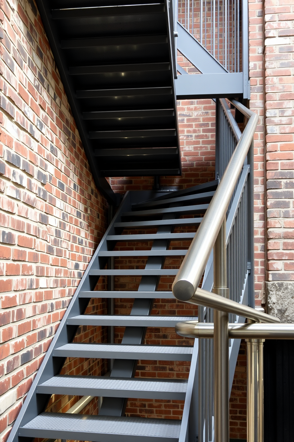 An industrial gray metal staircase features open treads that create a sense of spaciousness and modernity. The staircase is complemented by a sleek handrail made of brushed steel, enhancing its contemporary aesthetic. Surrounding the staircase are exposed brick walls that add texture and warmth to the industrial design. Soft ambient lighting illuminates the staircase, highlighting its geometric lines and creating an inviting atmosphere.