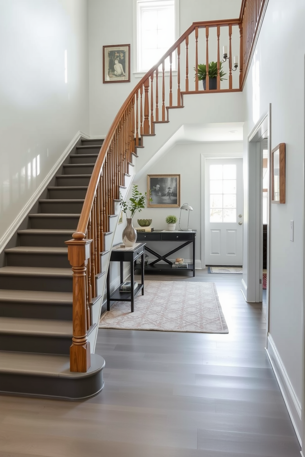 A classic gray staircase features a beautifully crafted wooden banister that complements the muted gray tones of the stairs. The landing area is adorned with a plush area rug and a stylish console table, creating an inviting focal point. Natural light streams in from a nearby window, illuminating the elegant curves of the staircase. Decorative wall art and potted plants enhance the sophisticated ambiance of the space.