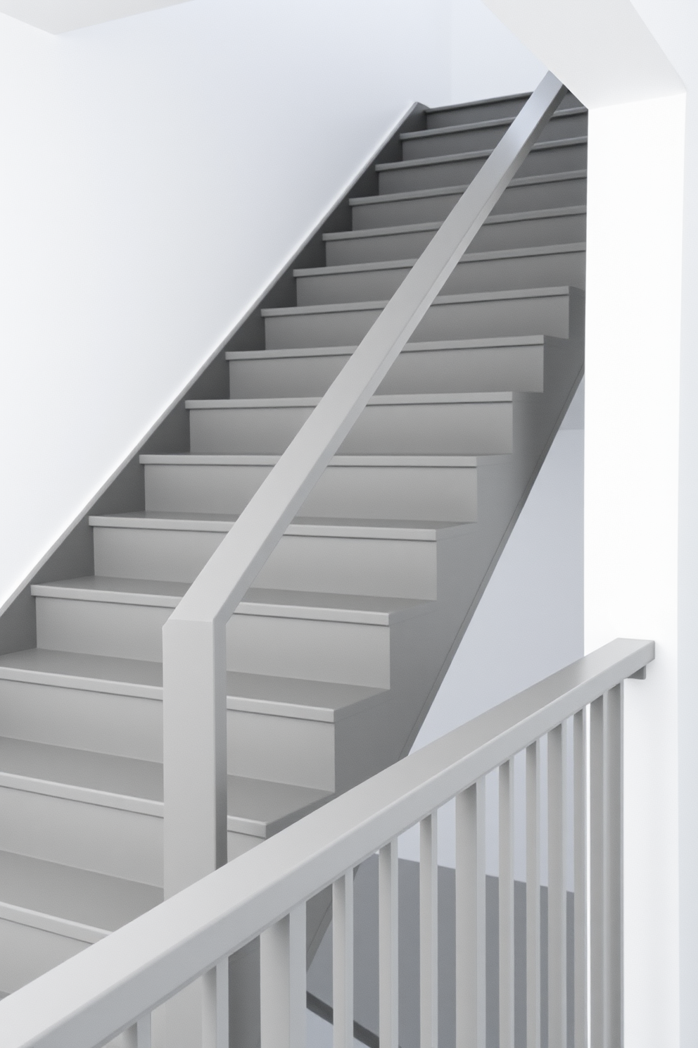 A minimalist gray staircase features clean lines and a sleek handrail that complements the overall aesthetic. The walls are painted in a soft white, allowing the staircase to stand out as a focal point in the space.