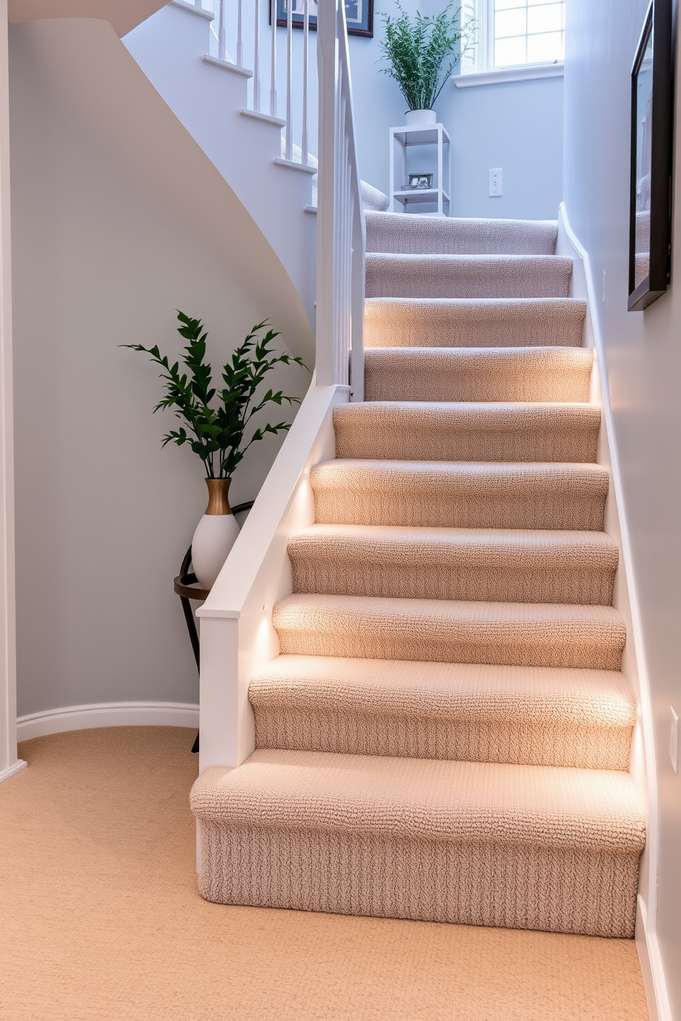 Light gray carpeted stairs create a cozy and inviting atmosphere in any home. The soft texture underfoot enhances comfort while maintaining a sleek and modern aesthetic. Incorporate subtle lighting along the staircase to highlight the elegant gray tones. Consider adding decorative elements such as framed artwork or potted plants to personalize the space.