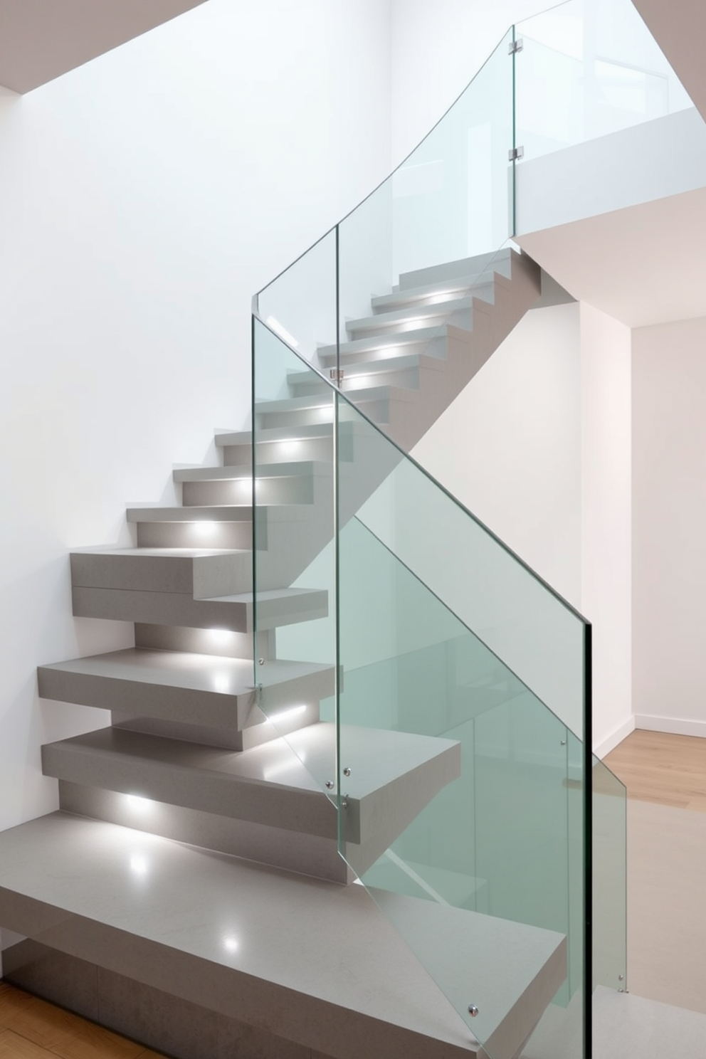 A contemporary gray floating staircase design features sleek, minimalist lines that create an open and airy feel. The staircase is constructed from polished concrete with glass railings that enhance the modern aesthetic. Illuminated by subtle LED lighting, the steps appear to float, adding a touch of elegance to the space. The surrounding walls are painted in a soft white, providing a striking contrast to the gray tones of the staircase.