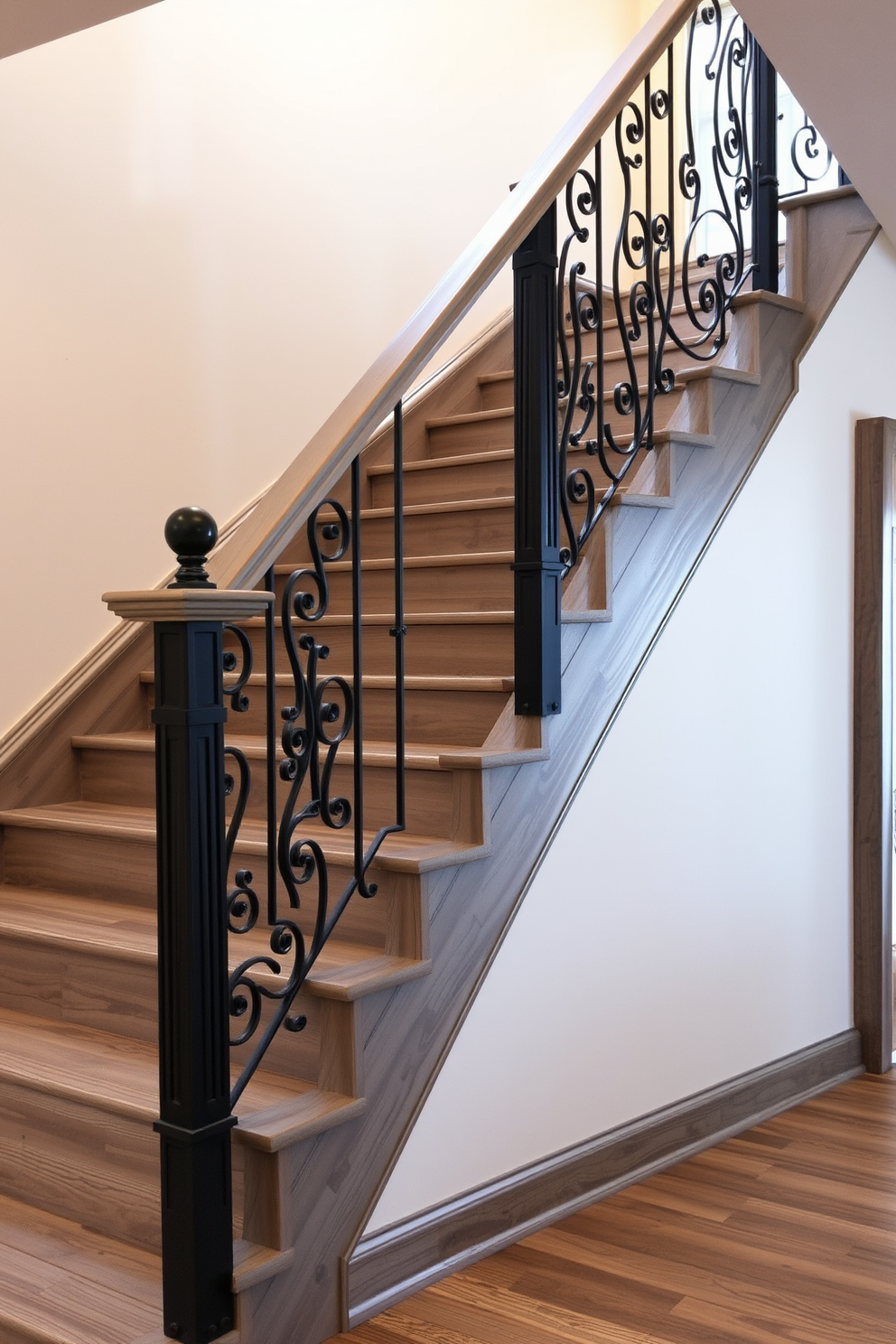 A rustic gray wood staircase features intricate iron railings that add a touch of elegance to the design. The steps are wide and sturdy, showcasing the natural grain of the wood while the iron details provide a striking contrast. Soft ambient lighting highlights the textures of the wood and iron, creating a warm and inviting atmosphere. This staircase serves as a stunning focal point in the home, blending functionality with rustic charm.