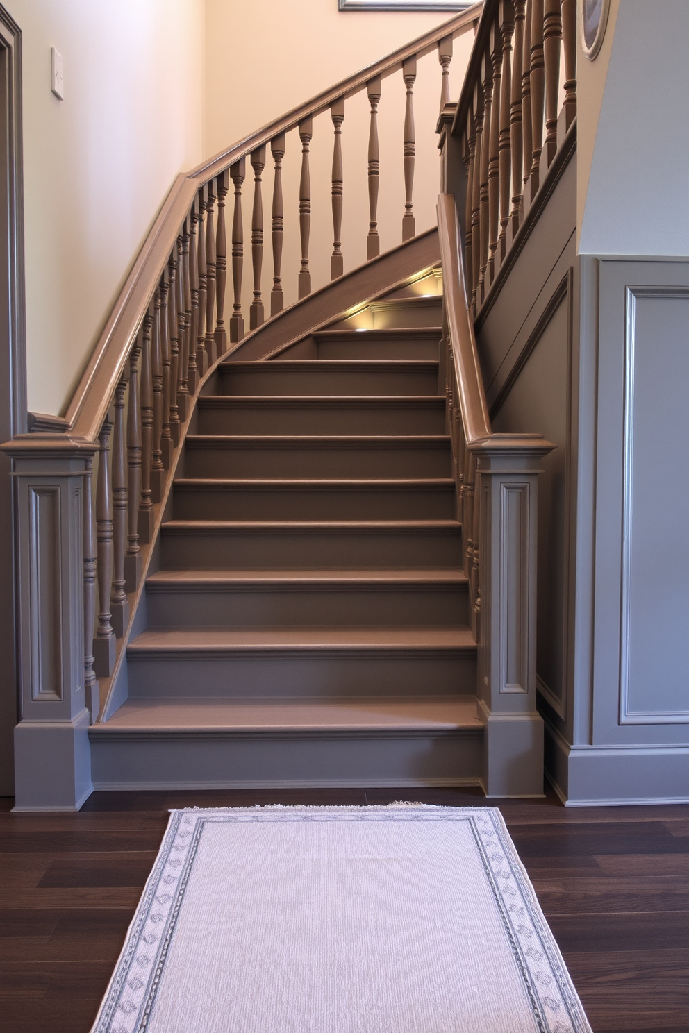 Elegant gray staircase with decorative balusters. The staircase features a sleek gray finish and intricate wooden balusters that add a touch of sophistication. Soft lighting illuminates the steps, creating a warm and inviting atmosphere. A stylish runner rug in a complementary color enhances the elegance of the design.