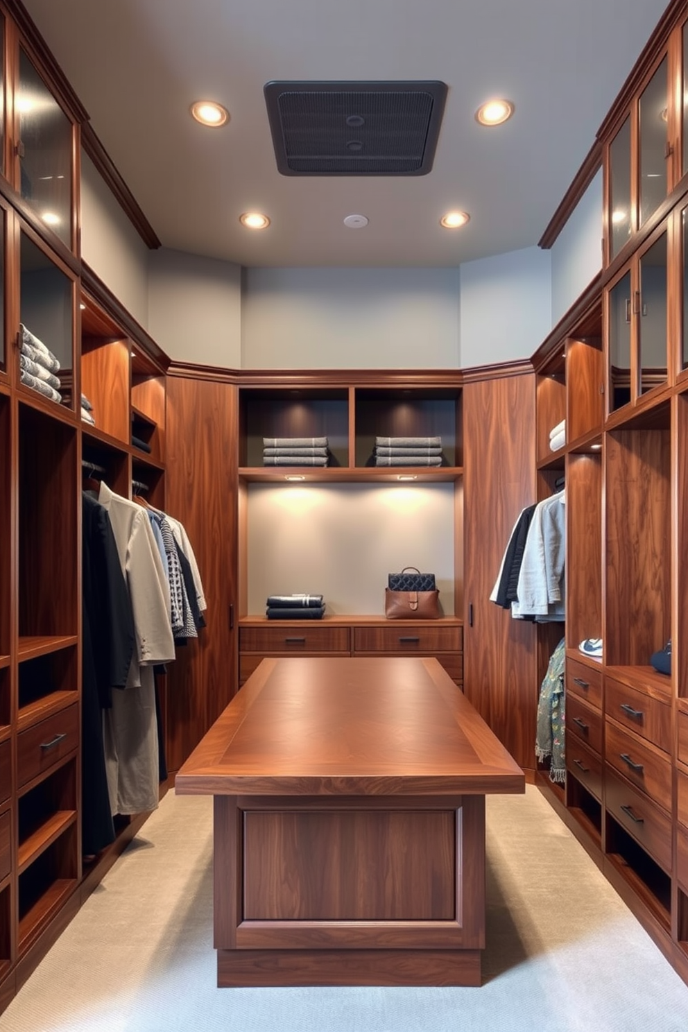 A luxurious walk-in closet featuring a harmonious blend of gray and wood elements. The walls are painted in a soft gray hue, complemented by rich wooden shelving and cabinetry that add warmth and elegance. The space includes a large central island with a wooden top, providing ample storage and display space for accessories. Soft lighting fixtures illuminate the area, enhancing the inviting atmosphere and showcasing the carefully curated wardrobe.
