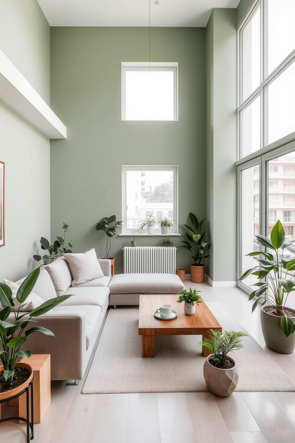 A serene living space featuring sage green accent walls that create a calming atmosphere. The room is adorned with minimalist furniture, including a sleek sofa and a wooden coffee table, complemented by soft lighting. Large windows allow natural light to flood the space, enhancing the fresh feel of the sage green palette. Potted plants are strategically placed throughout the apartment, adding a touch of nature and vitality.