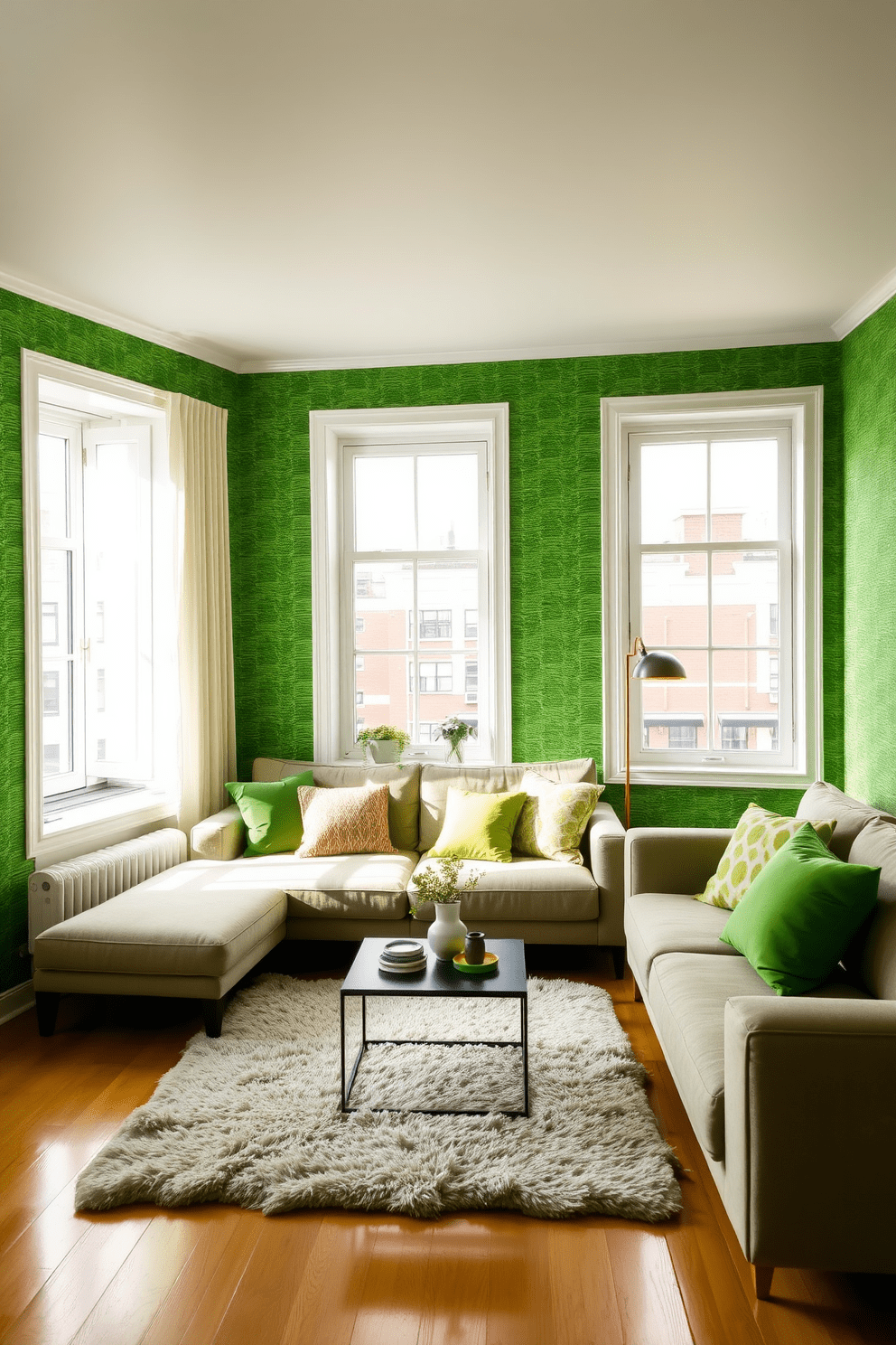 A vibrant green apartment filled with natural light. The walls are adorned with textured green wallpaper that adds depth and visual interest to the space. A cozy living area features a plush sofa in a neutral tone paired with vibrant green accent pillows. A stylish coffee table sits on a soft area rug, creating a warm and inviting atmosphere.