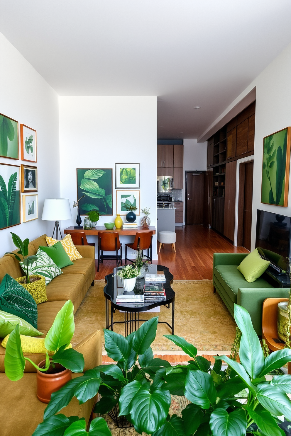 A stylish living room featuring green art pieces that harmonize with the overall decor. The walls are adorned with various shades of green artwork, creating a vibrant yet cohesive atmosphere. An open-plan apartment design where green accents are thoughtfully integrated throughout the space. The furnishings include a mix of modern and vintage pieces, with lush greenery adding life to the environment.