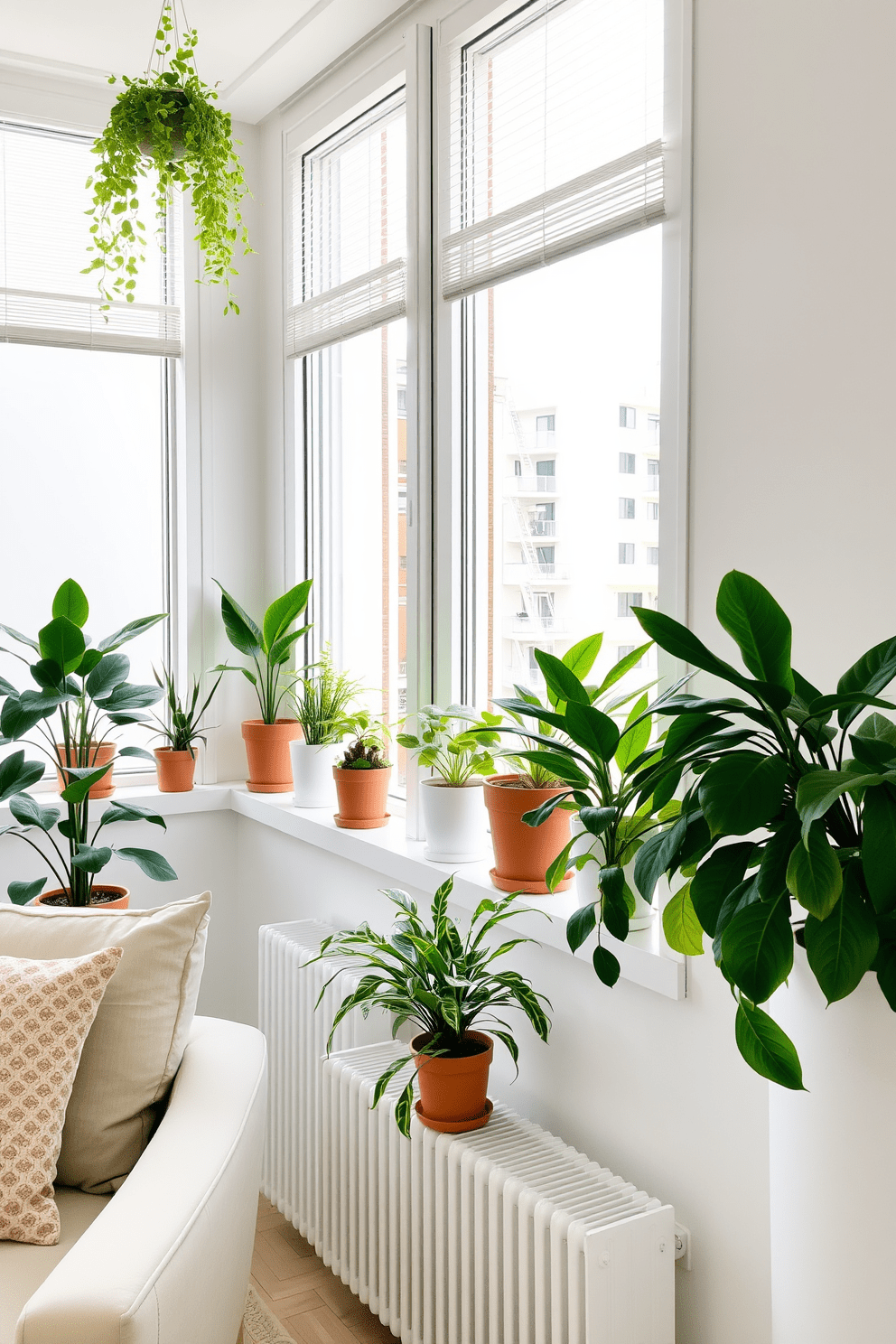 A bright and airy apartment filled with natural light. Potted plants in various sizes are arranged on the window sills, adding a touch of greenery and life to the space. The walls are painted in soft white, creating a clean and fresh backdrop. Modern furniture pieces in neutral tones complement the vibrant green of the plants, enhancing the overall design.