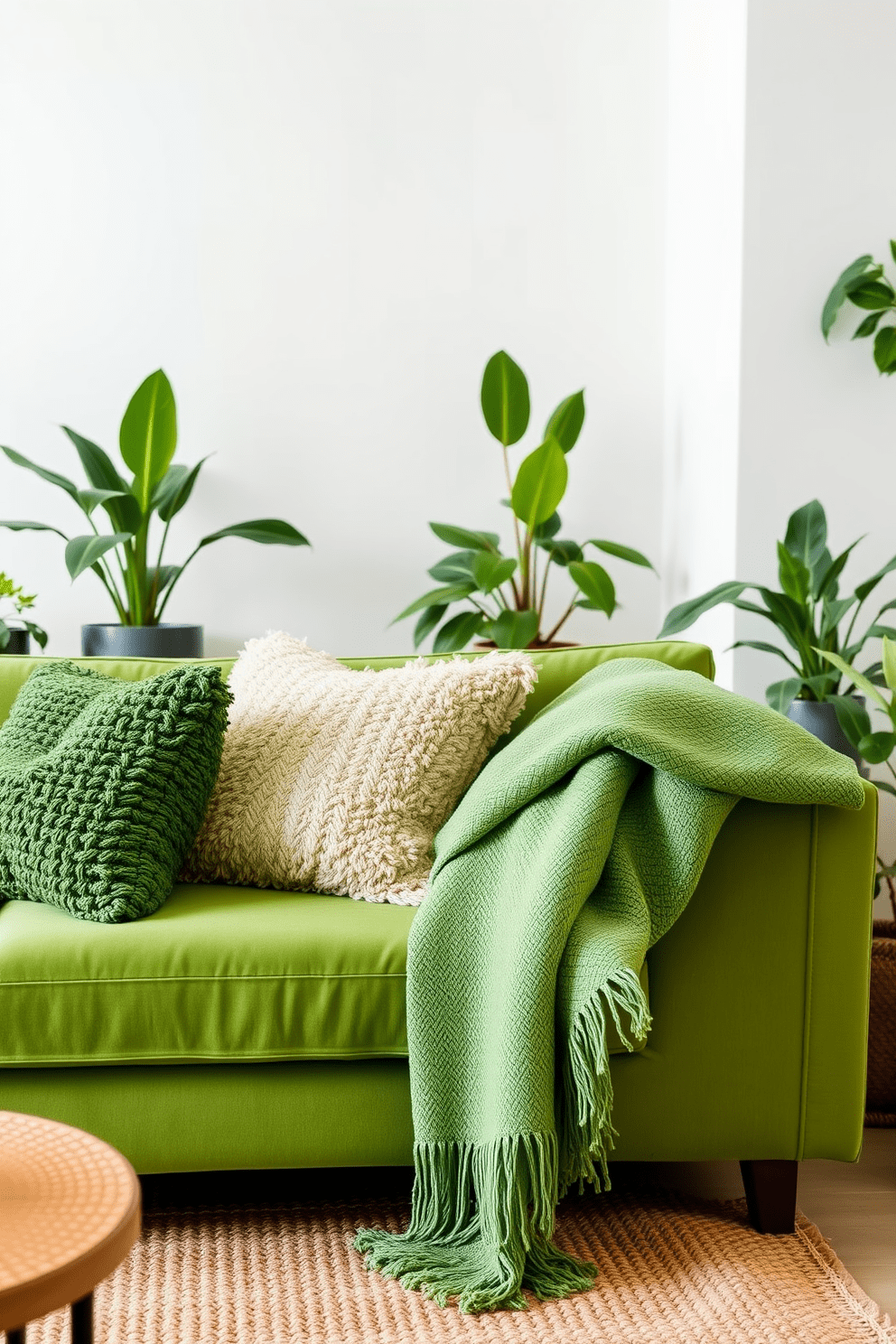 A cozy living room featuring a plush green sofa adorned with various textured throw pillows. A soft green throw blanket drapes over the armrest, adding warmth and style to the space. The walls are painted in a light neutral tone, creating a soothing backdrop for the vibrant green accents. Potted plants are strategically placed around the room, enhancing the fresh and inviting atmosphere.