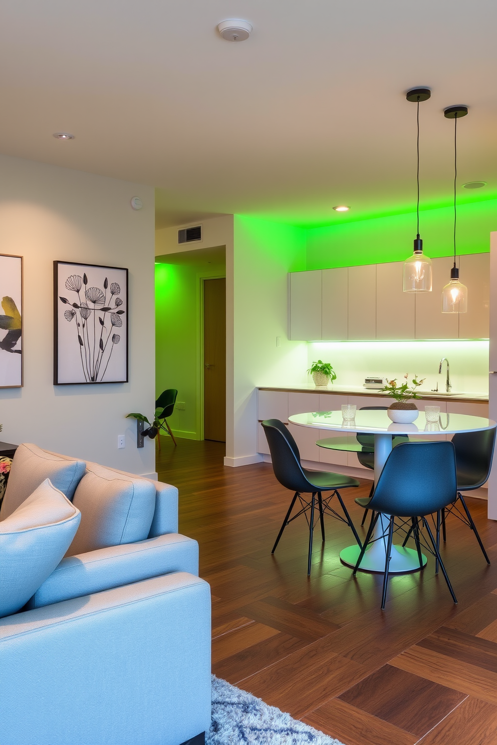 A modern green apartment featuring accent lighting that casts soft green hues across the space. The living area includes a plush sofa, a coffee table with a glass top, and a statement art piece that complements the lighting. The kitchen showcases sleek cabinetry with a minimalist design, accented by under-cabinet green lighting. A cozy dining nook with a round table and stylish chairs invites intimate gatherings, enhanced by the warm glow of pendant lights.