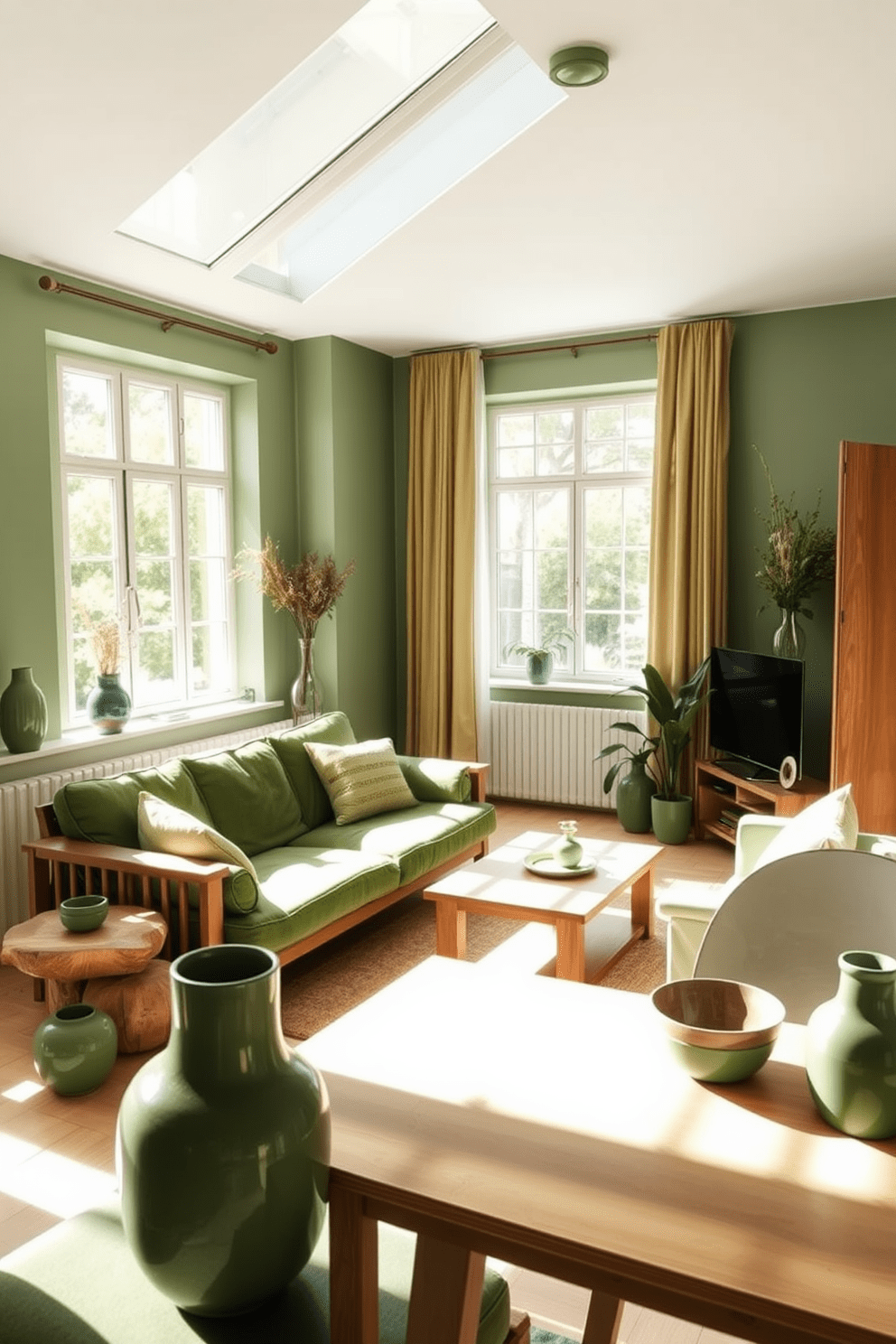 A serene green apartment filled with natural light. The space features green ceramic accents throughout, including vases and decorative bowls that enhance the organic feel. The living area showcases a plush green sofa paired with wooden furniture. Large windows allow sunlight to filter in, creating a warm and inviting atmosphere.