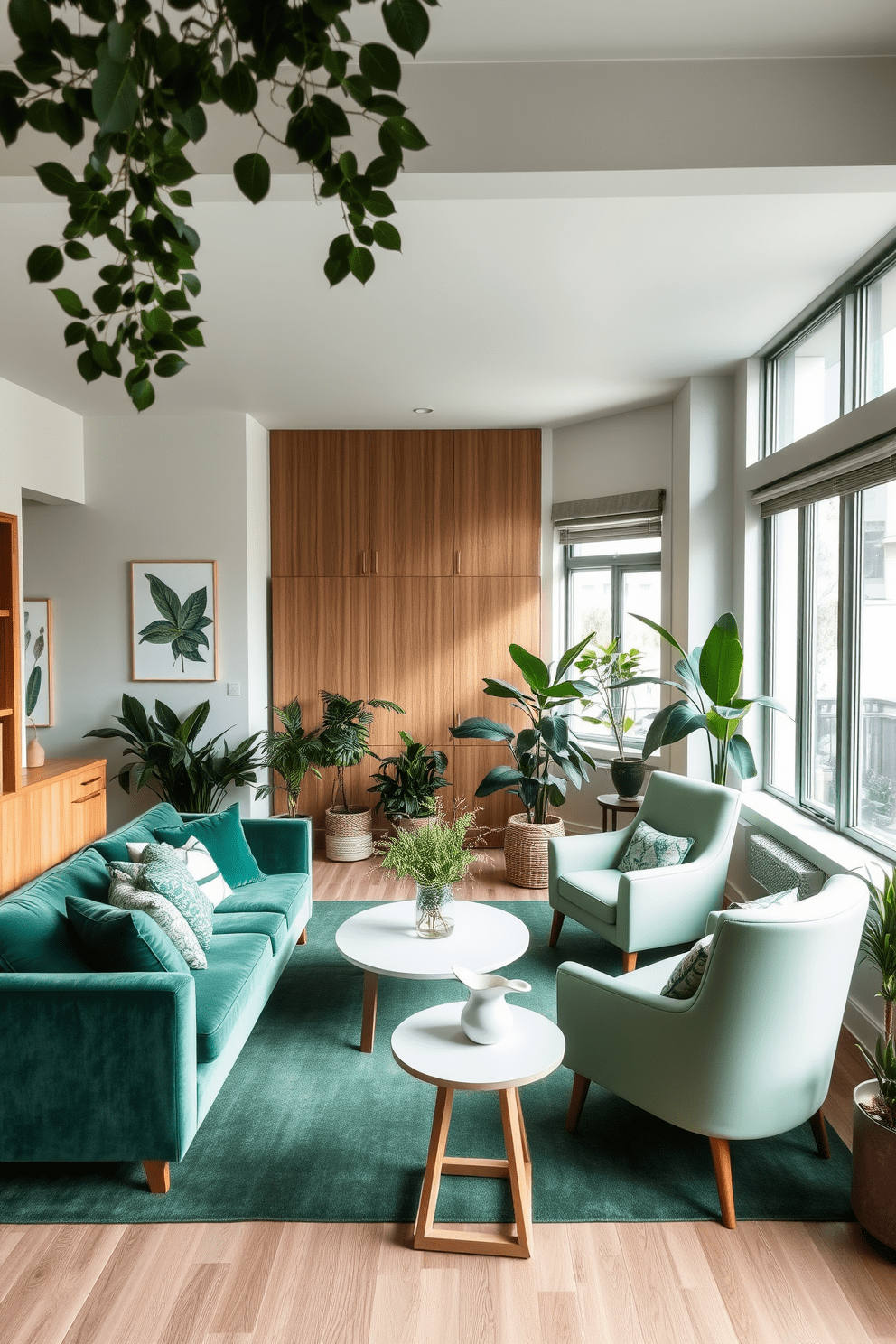 A stylish apartment featuring a harmonious blend of various green shades creates a layered and inviting atmosphere. The living space includes a plush emerald green sofa paired with lighter mint green accent chairs, providing a beautiful contrast. The walls are adorned with botanical prints that enhance the green theme, while natural wood elements add warmth to the design. Large windows allow ample natural light to flood the room, highlighting the lush indoor plants strategically placed throughout the space.