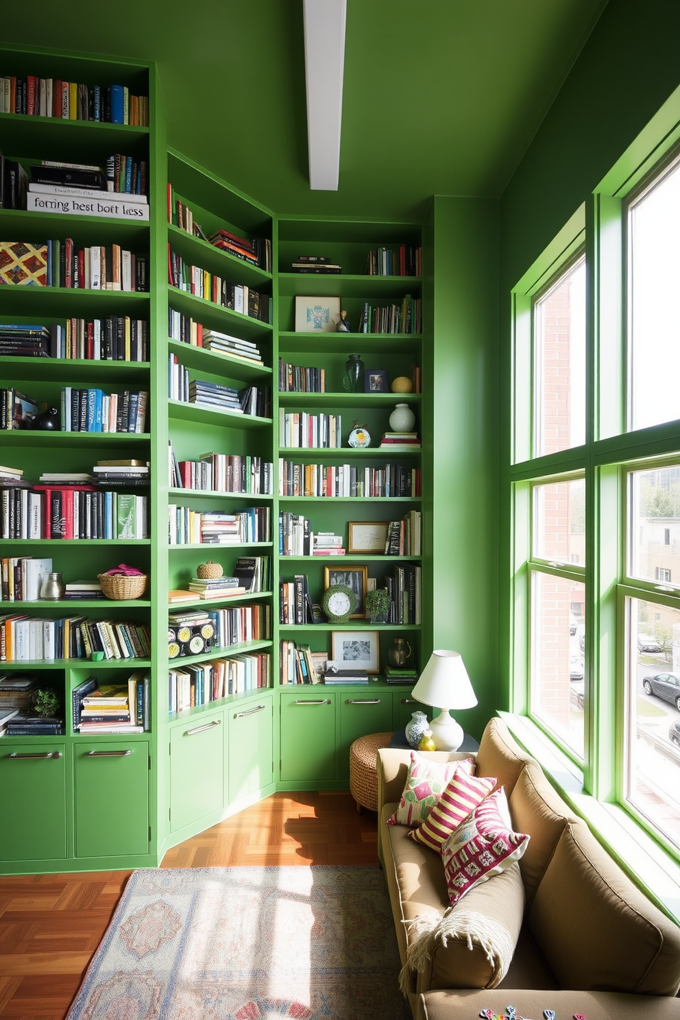 A vibrant green apartment featuring floor-to-ceiling bookshelves that serve as a unique focal point. The shelves are filled with an eclectic mix of books and decorative items, creating a lively and inviting atmosphere. The living area boasts a cozy seating arrangement with a plush sofa and colorful throw pillows. Large windows allow natural light to flood the space, enhancing the fresh green tones throughout the apartment.