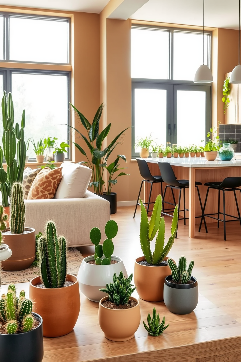 A modern living room featuring various cactus plants in stylish pots scattered throughout the space. The walls are painted in soft earth tones, and large windows allow natural light to flood in, enhancing the vibrant green of the cacti. An open-concept kitchen and dining area with green accents, including a lush herb garden on the windowsill. Sleek cabinetry in a light wood finish complements the overall design, creating a fresh and inviting atmosphere.