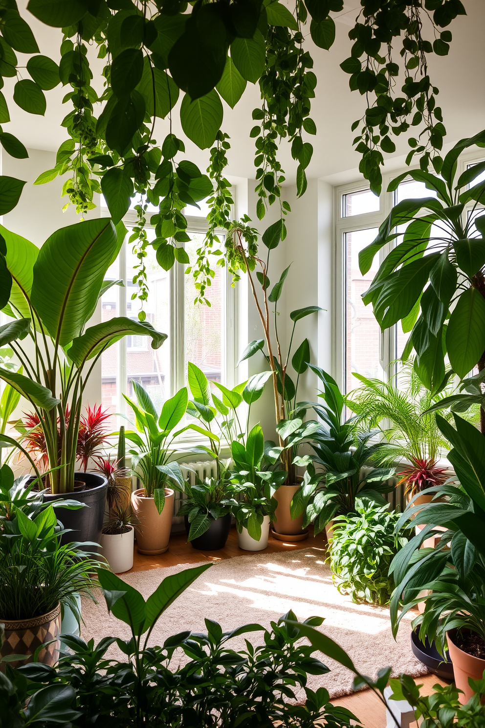 A lush indoor garden filled with various vibrant plants creates a refreshing and lively atmosphere. The space features large leafy plants in stylish pots placed strategically around the room. The green apartment design incorporates natural light through expansive windows that enhance the greenery. A cozy seating area with a soft rug complements the organic aesthetic, inviting relaxation and tranquility.