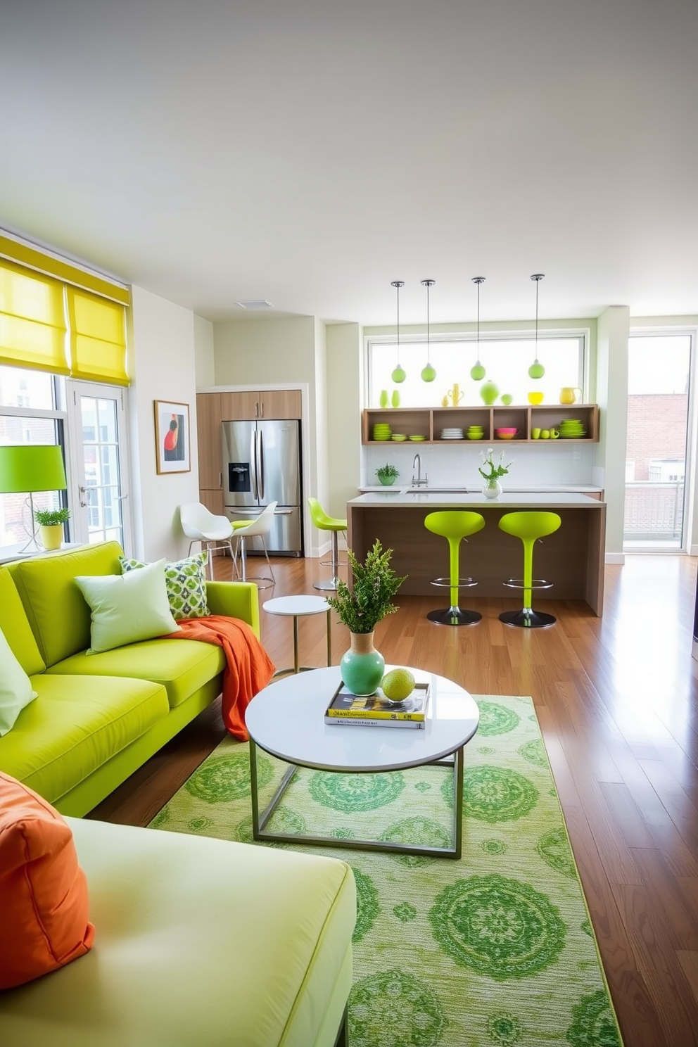 A vibrant apartment filled with playful lime green accessories. The living room features a lime green sofa adorned with colorful throw pillows, complemented by a chic coffee table and a bright area rug. The kitchen showcases lime green bar stools at a sleek island, with matching dishware displayed on open shelves. Large windows allow natural light to flood the space, highlighting the cheerful decor and creating a lively atmosphere.