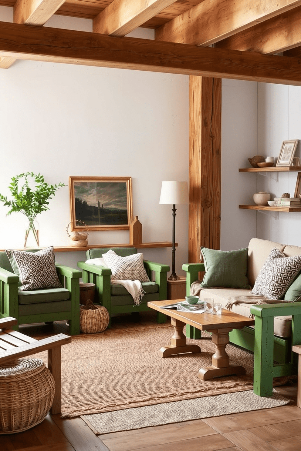 Rustic green wooden furniture adds a charming touch to the space. The warm tones of the wood create a cozy atmosphere, perfect for a welcoming living area. Incorporate soft textiles like cotton and linen to enhance comfort. Layering rugs and cushions in earthy colors will complement the rustic theme beautifully.