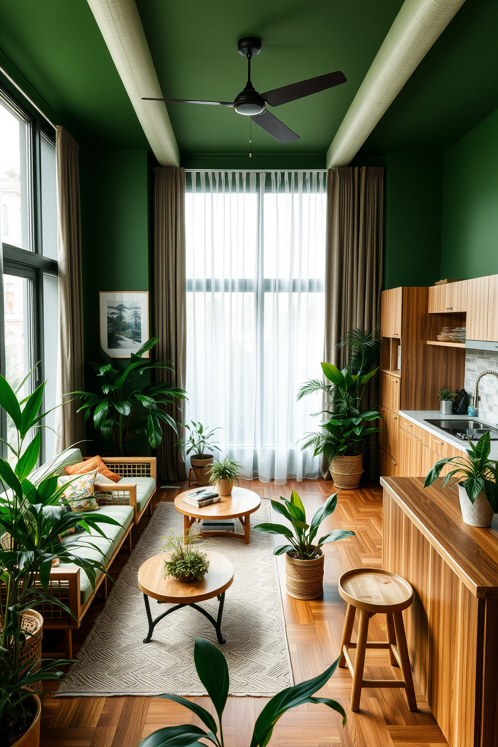 A serene green apartment featuring bamboo elements throughout the space. The living area showcases bamboo furniture paired with lush indoor plants, creating a harmonious connection with nature. The kitchen incorporates bamboo cabinetry and countertops, emphasizing sustainable design principles. Natural light floods the space through large windows, highlighting the earthy tones and textures of the decor.