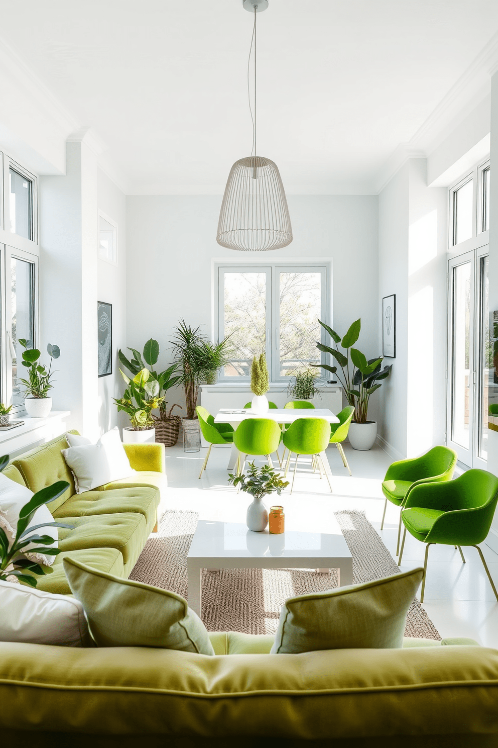 A bright and airy living room featuring a green and white color scheme. The walls are painted in a soft white, while the furniture includes a plush green sofa adorned with white throw pillows. Large windows allow natural light to flood the space, highlighting a white coffee table with green accents. A series of indoor plants are strategically placed around the room to enhance the fresh and vibrant atmosphere. The dining area showcases a white table surrounded by green chairs, creating a harmonious and inviting space. A statement pendant light in a minimalist design hangs above the table, adding a touch of elegance to the apartment.