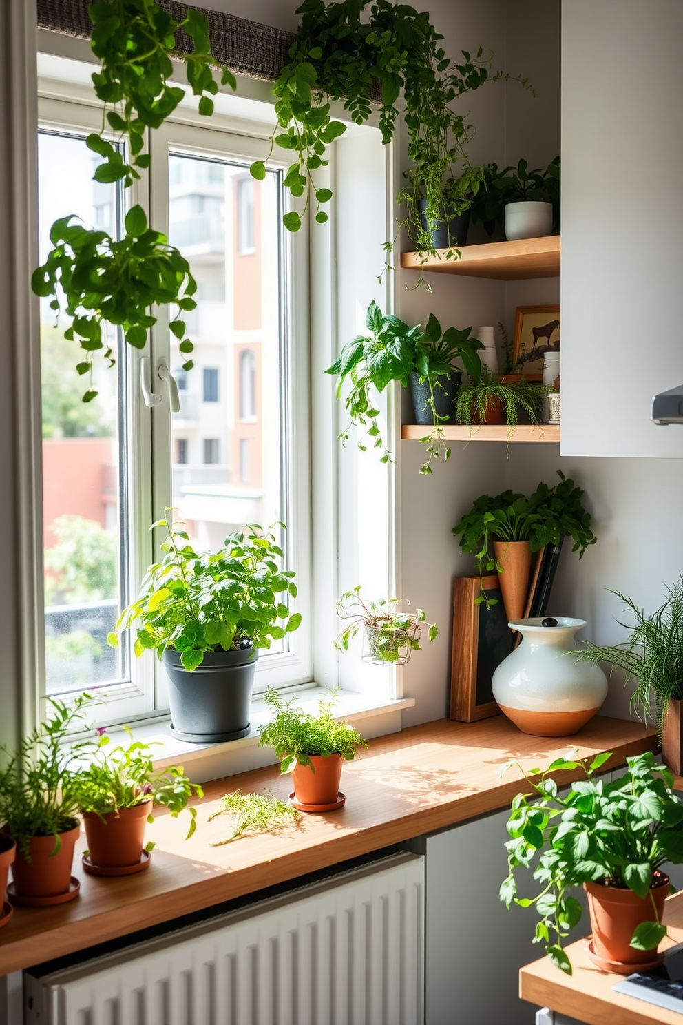 A bright kitchen featuring a lush herb garden on the windowsill. The space is designed with open shelving, showcasing various pots of fresh herbs that enhance both aesthetics and functionality. The apartment incorporates sustainable materials and plants to create a green living environment. Natural light floods the space, highlighting the use of eco-friendly furnishings and a vibrant color palette.