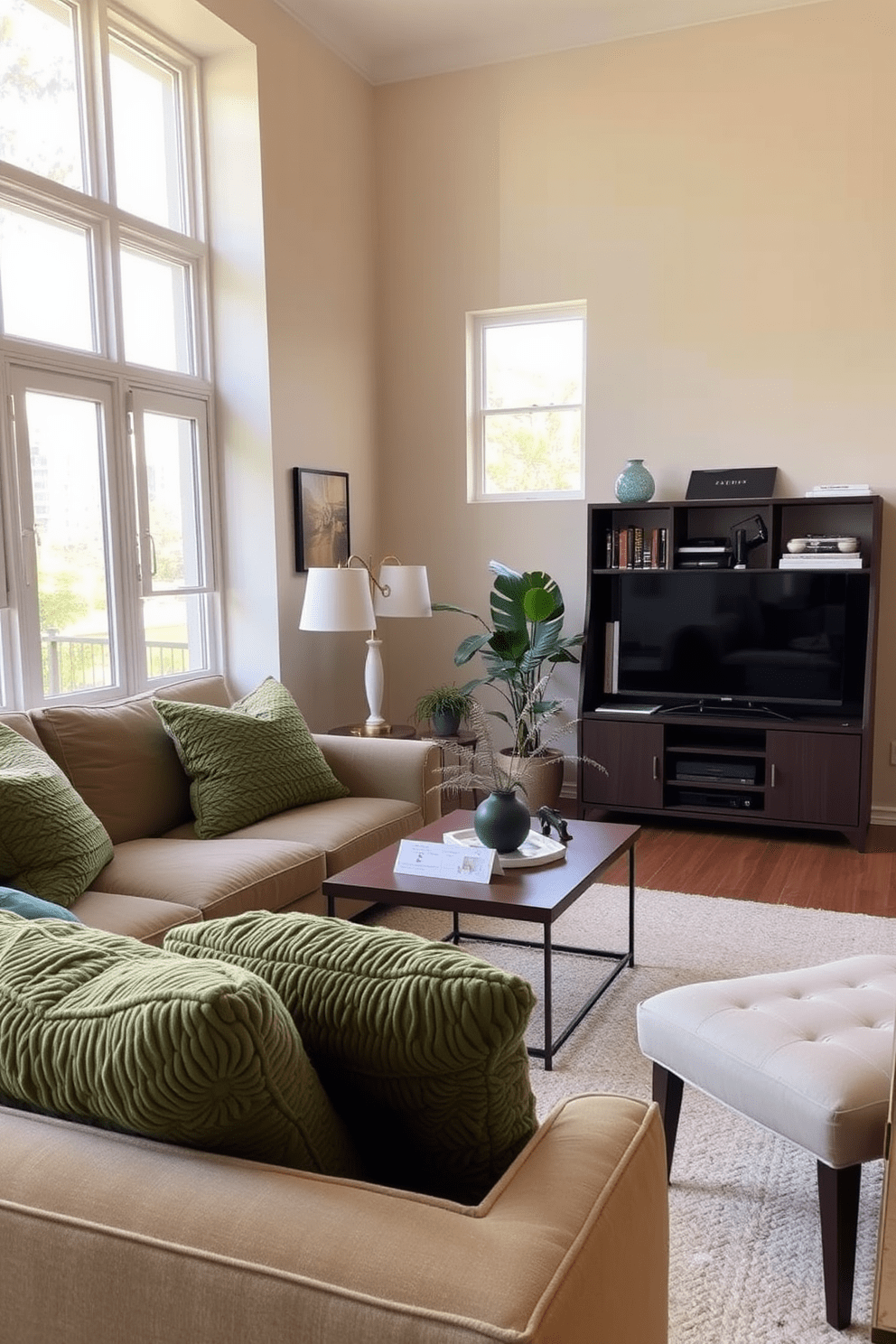 A cozy living room featuring a plush sofa adorned with textured green cushions that invite relaxation. The space is enhanced by large windows allowing natural light to flood in, creating a warm and inviting atmosphere. The walls are painted in a soft beige, complementing the rich green tones of the cushions. A stylish coffee table sits at the center, surrounded by a mix of modern and vintage decor elements that add character to the apartment.