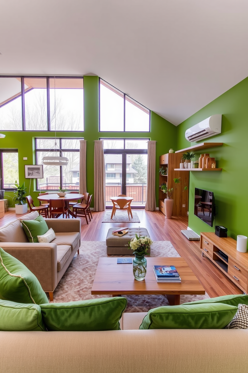 A stylish apartment featuring green accent walls that bring a fresh and vibrant feel to the space. The natural wood elements are incorporated through furniture and decor, creating a warm and inviting atmosphere. The living area includes a comfortable sofa with green and natural wood accents, complemented by a wooden coffee table. Large windows allow natural light to flood the room, enhancing the connection between indoor and outdoor spaces.