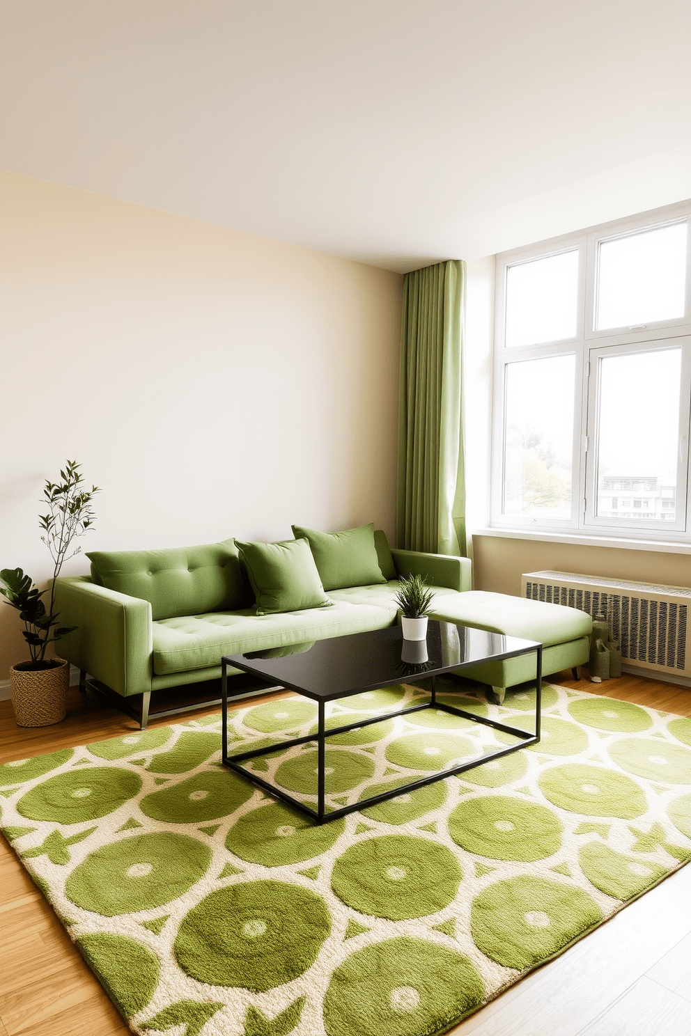 A cozy living room featuring a green patterned rug that adds warmth and texture to the space. The walls are painted in a soft beige, complemented by plush green cushions on a modern sofa. In the corner, a small indoor plant adds a touch of nature, while a sleek coffee table sits atop the rug. Large windows allow natural light to fill the room, enhancing the inviting atmosphere of the green apartment design.