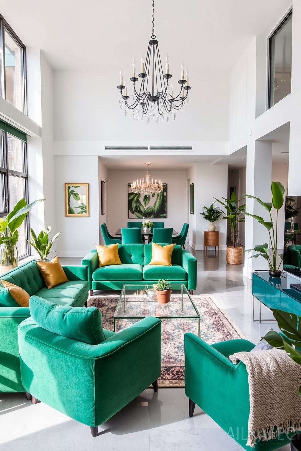 A stunning apartment featuring emerald green furniture that creates a bold statement. The living area showcases a plush emerald green sofa paired with gold accent pillows and a sleek glass coffee table. The walls are painted in a soft white to provide contrast and enhance the vibrancy of the furniture. Large windows allow natural light to flood the space, highlighting a stylish area rug with geometric patterns. In the dining area, an elegant emerald green dining set complements a modern chandelier hanging above. Potted plants add a touch of greenery, creating a fresh and inviting atmosphere throughout the apartment.