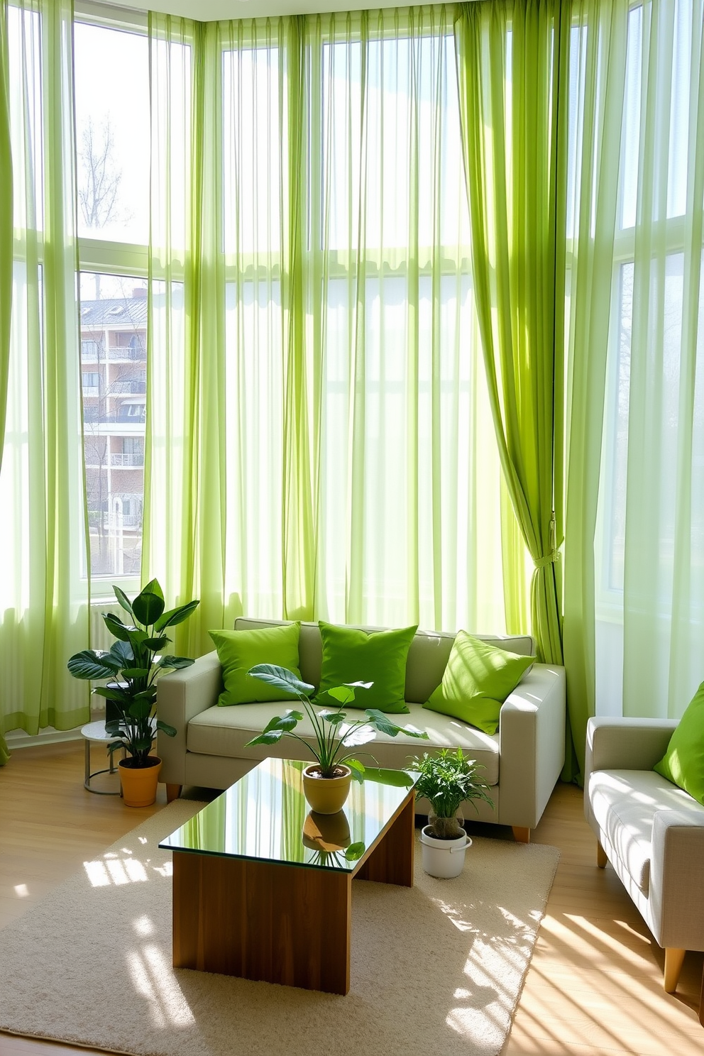 A bright and airy apartment featuring soft green curtains that gently frame large windows. The curtains allow natural light to filter in, enhancing the fresh and inviting atmosphere of the space. The living area includes a plush sofa in neutral tones, complemented by vibrant green accent pillows. A sleek coffee table made of glass and wood sits at the center, surrounded by potted plants that add a touch of nature.