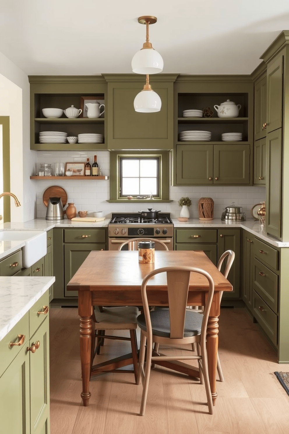 A cozy kitchen featuring olive green cabinets that add warmth to the space. The countertops are a light marble, complemented by brass hardware and open shelving displaying stylish dishware. The walls are painted in a soft cream color, enhancing the inviting atmosphere. A rustic wooden dining table sits in the center, surrounded by mismatched chairs for a charming eclectic look.