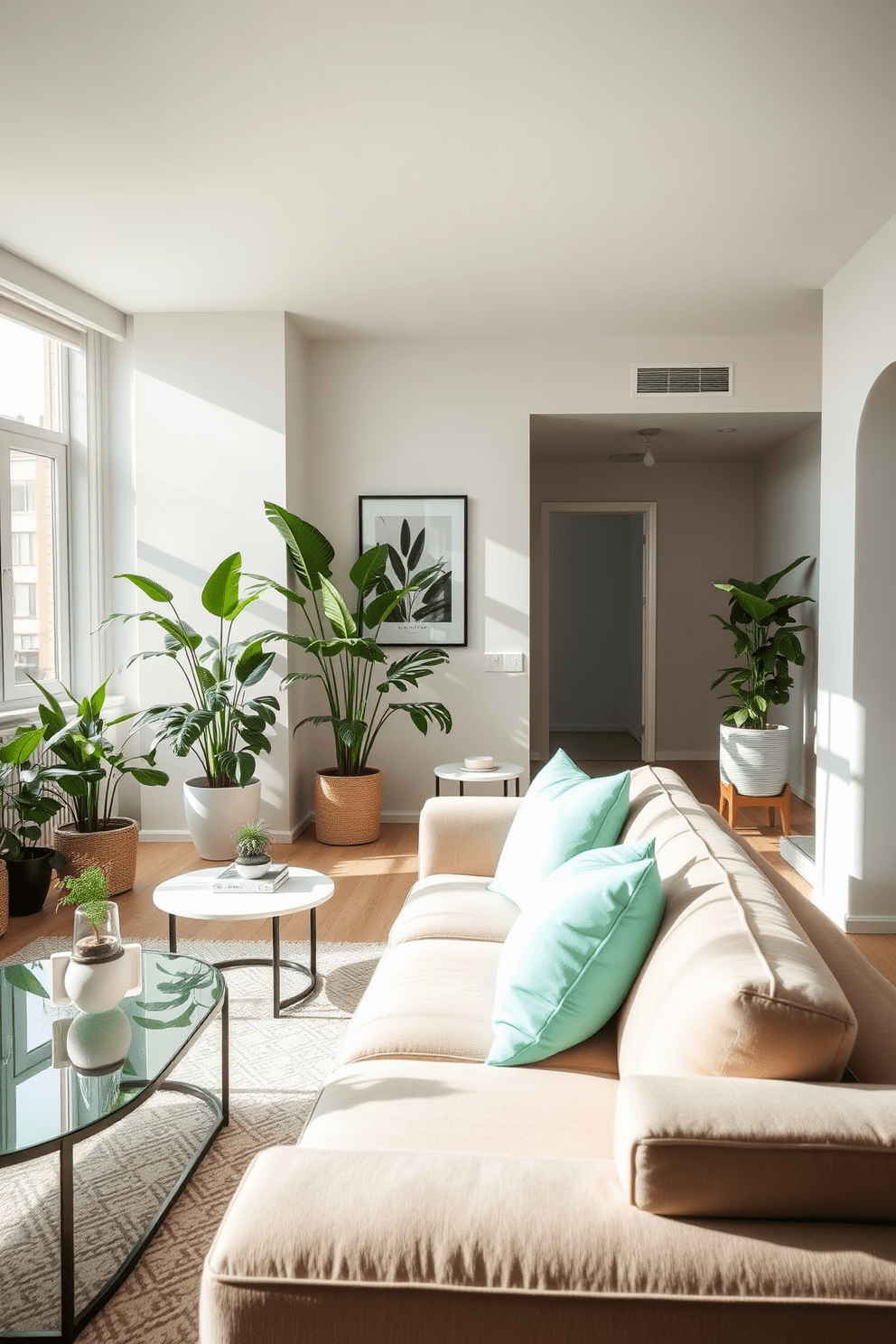 A modern apartment living room featuring a soft mint green color palette. The space includes a plush sofa adorned with mint green accent pillows that bring a refreshing touch to the decor. Natural light floods the room through large windows, highlighting the minimalist furniture and stylish decor. Potted plants are strategically placed to enhance the fresh and inviting atmosphere of the apartment.