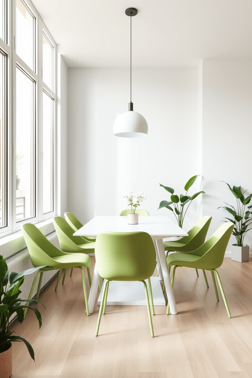 Light green dining chairs are arranged around a sleek white dining table, creating an elegant and inviting atmosphere. The walls are adorned with soft, neutral tones, and large windows allow natural light to flood the space, enhancing the fresh color palette. The dining area features a stylish pendant light hanging above the table, adding a touch of sophistication. Potted plants in the corners bring a vibrant touch of nature, complementing the overall green apartment design concept.