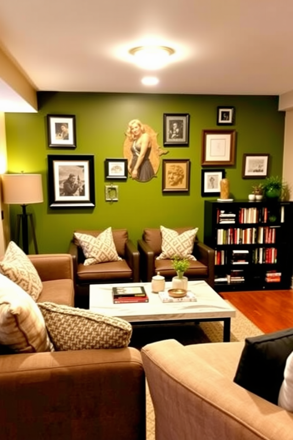 Cozy green accent wall adorned with carefully selected artwork creates a warm and inviting atmosphere. The basement features comfortable seating arrangements with plush cushions and a stylish coffee table for relaxation and entertainment. Incorporate soft lighting to enhance the ambiance and highlight the green wall. A small bookshelf filled with favorite reads adds personal charm to the space.