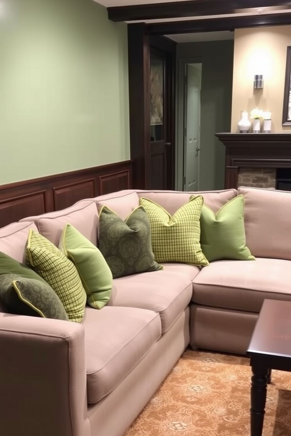 A cozy basement retreat featuring multi-tone green throw pillows arranged on a plush sectional sofa. The walls are painted in a soft sage green, complemented by dark wood accents and a warm area rug that adds depth to the space.