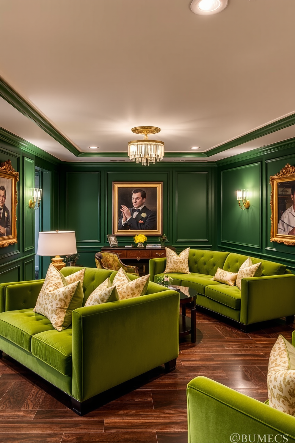 A luxurious green basement features elegant green walls adorned with gold accents throughout the space. Plush green sofas are complemented by gold-framed artwork and decorative pillows, creating a sophisticated and inviting atmosphere. The flooring is a rich dark wood that contrasts beautifully with the lighter green tones. Stylish gold light fixtures illuminate the area, enhancing the overall opulence of the design.