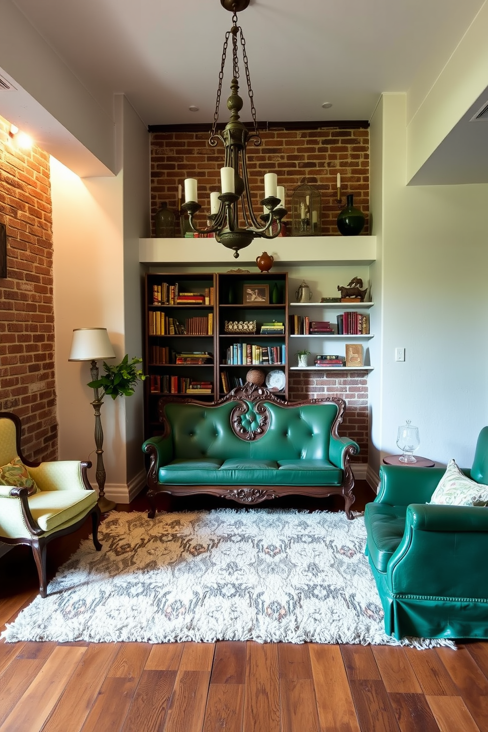 A vintage green sofa with intricate carvings sits in the center of the room, complemented by a pair of mismatched armchairs in coordinating shades of green. The space is illuminated by a stylish chandelier with an antique finish, creating a cozy and inviting atmosphere. The basement features exposed brick walls painted in a soft white, enhancing the vintage aesthetic. A plush area rug with geometric patterns anchors the seating area, while decorative shelves display an assortment of vintage books and unique trinkets.