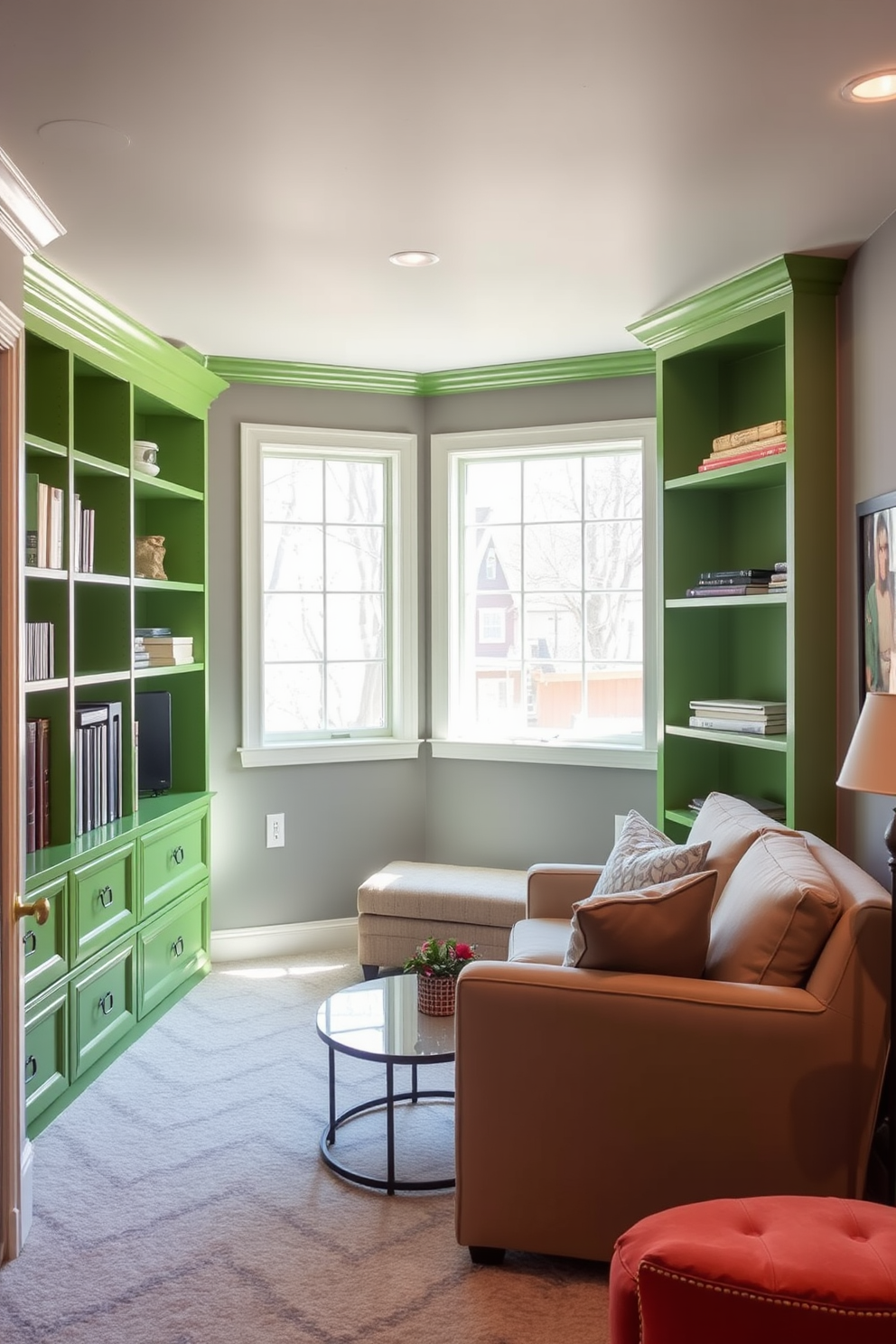 A cozy basement featuring green built-in shelves that provide ample storage and organization. The walls are painted in a soft gray, creating a warm contrast with the vibrant green shelves. The space includes a comfortable seating area with a plush sofa and a stylish coffee table. Large windows allow natural light to flood the room, enhancing the inviting atmosphere.