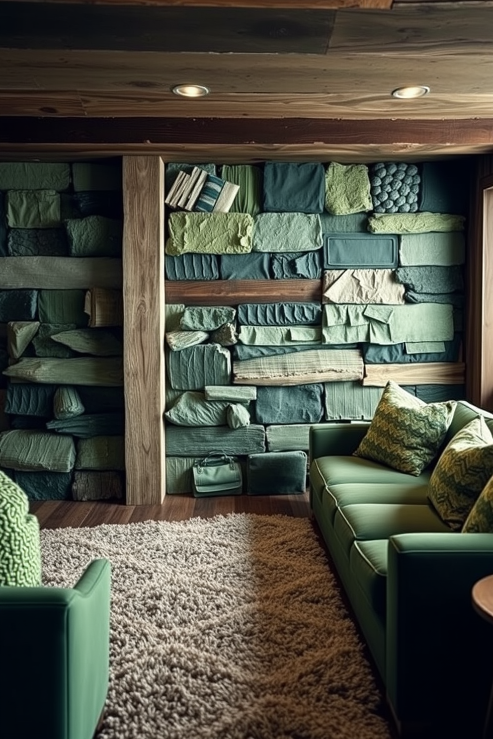 Layered green textures create a visually captivating basement space. Incorporate various shades of green through wall treatments, furniture, and accessories to enhance depth and warmth. Utilize natural materials such as wood and stone to complement the green tones. Consider adding plush rugs and textured cushions to create a cozy and inviting atmosphere.