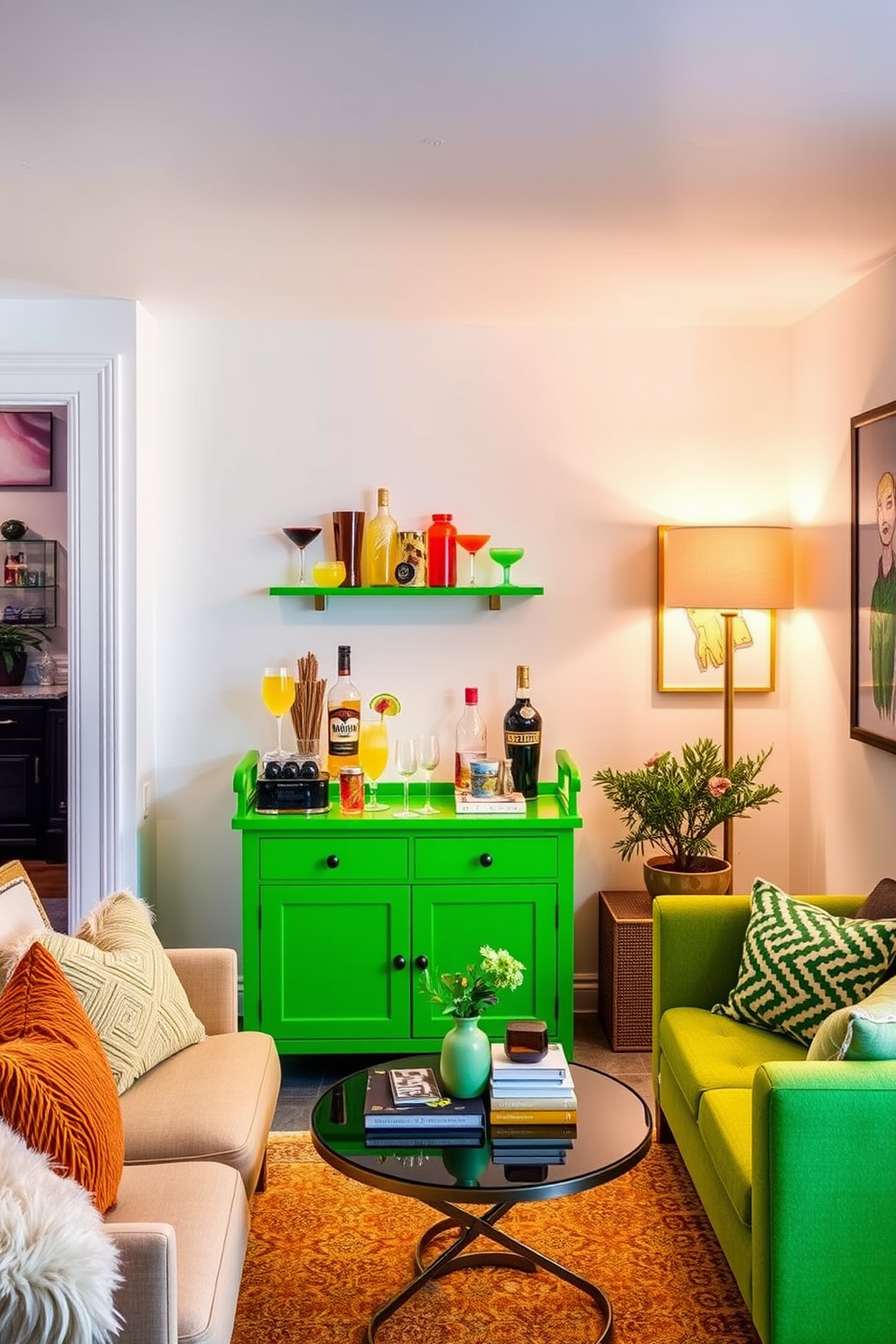 A bright green bar cart stands against a backdrop of white walls, adorned with colorful cocktail glasses and vibrant mixers. The cart is complemented by a cozy seating area featuring plush cushions and playful artwork that enhances the fun atmosphere. The basement is designed with a lively palette of greens and yellows, creating an inviting and energetic space. Comfortable lounge furniture is arranged around a stylish coffee table, while ambient lighting adds warmth to the playful environment.