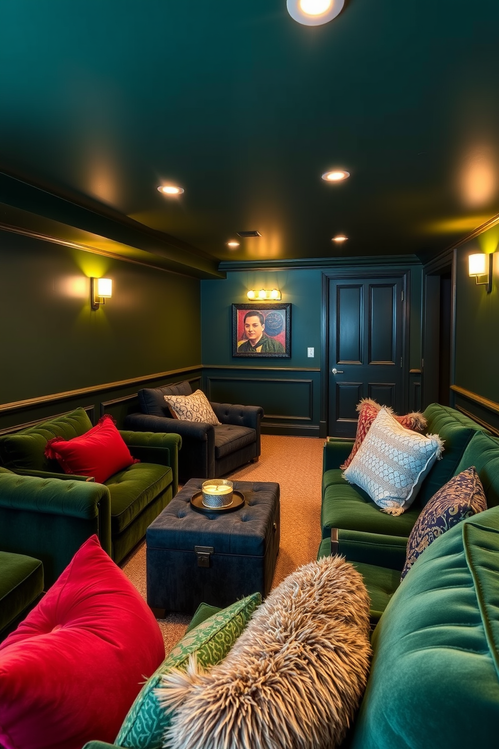 A moody green basement designed for relaxation and entertainment. The walls are painted in a deep forest green, creating a cozy and inviting atmosphere. Soft lighting fixtures are strategically placed to enhance the ambiance. Plush seating arrangements with rich textures and colorful throw pillows invite guests to unwind.