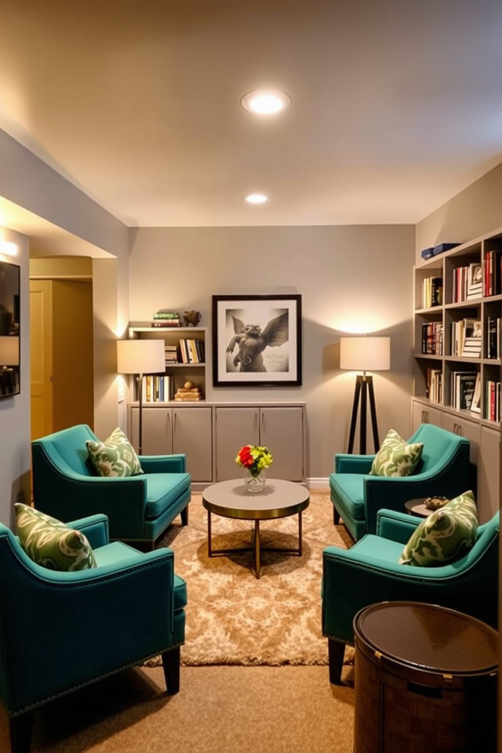 A cozy basement with teal green accent chairs that add a vibrant pop of color. The walls are painted in a soft gray, creating a relaxing atmosphere, while a plush area rug anchors the seating area. In one corner, a small coffee table complements the chairs, surrounded by warm ambient lighting from stylish floor lamps. Shelves lined with books and decorative items enhance the inviting feel of the space.