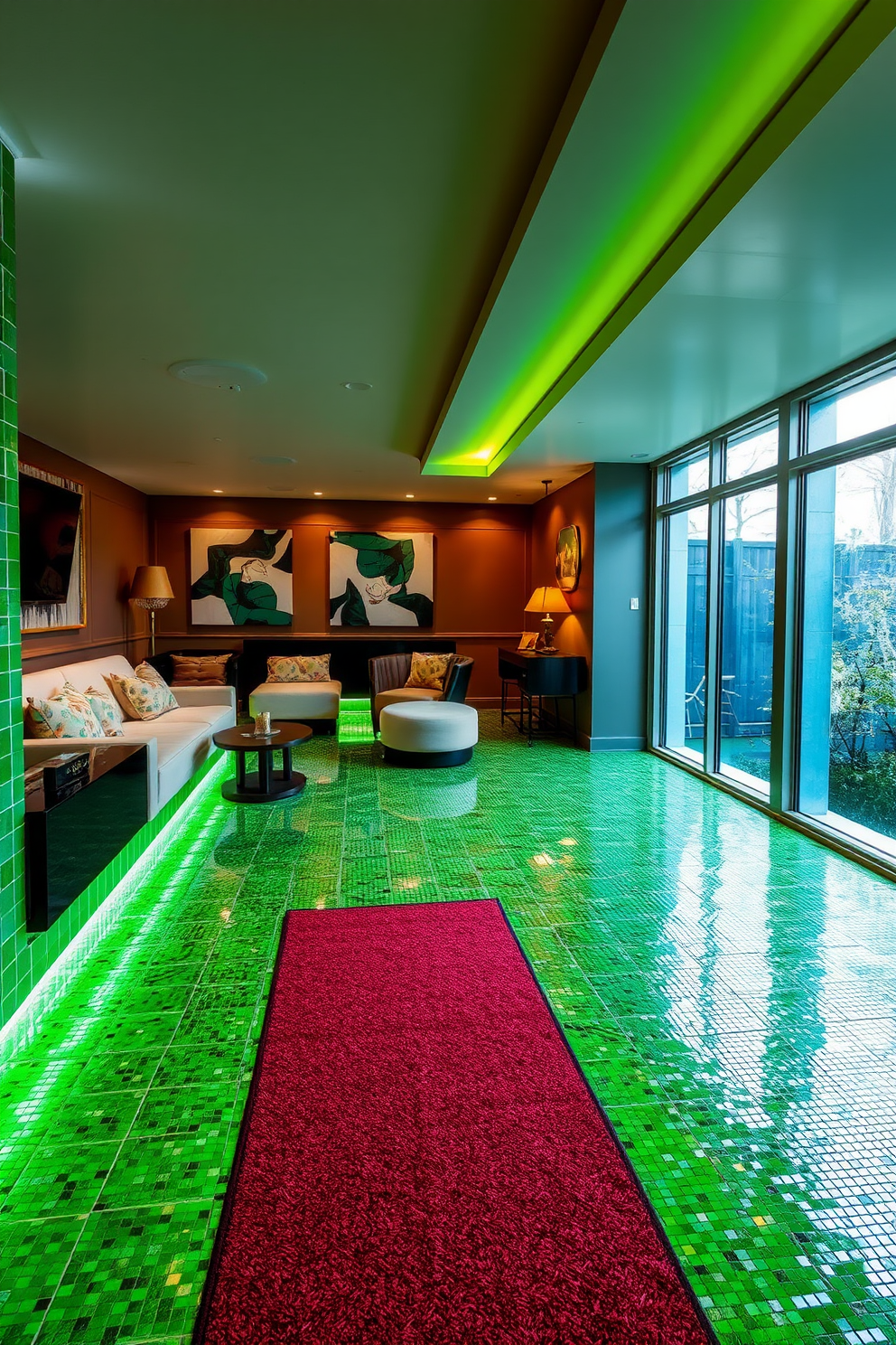 A stylish basement designed with green mosaic tiles as flooring creates a vibrant and inviting atmosphere. The space features comfortable seating arrangements and ambient lighting, enhancing the overall aesthetic appeal. The walls are adorned with contemporary art pieces that complement the green tones of the flooring. Large windows allow natural light to flood the area, making it a perfect retreat for relaxation and entertainment.