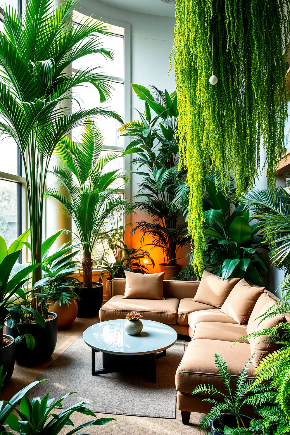 Lush indoor plants create a vibrant atmosphere filled with life and color. Tall potted palms and cascading ferns are strategically placed around the room, enhancing the natural light that filters through large windows. The basement design features a cozy lounge area with a plush sectional sofa and a sleek coffee table. Soft ambient lighting complements the greenery, creating a welcoming space perfect for relaxation or entertaining guests.