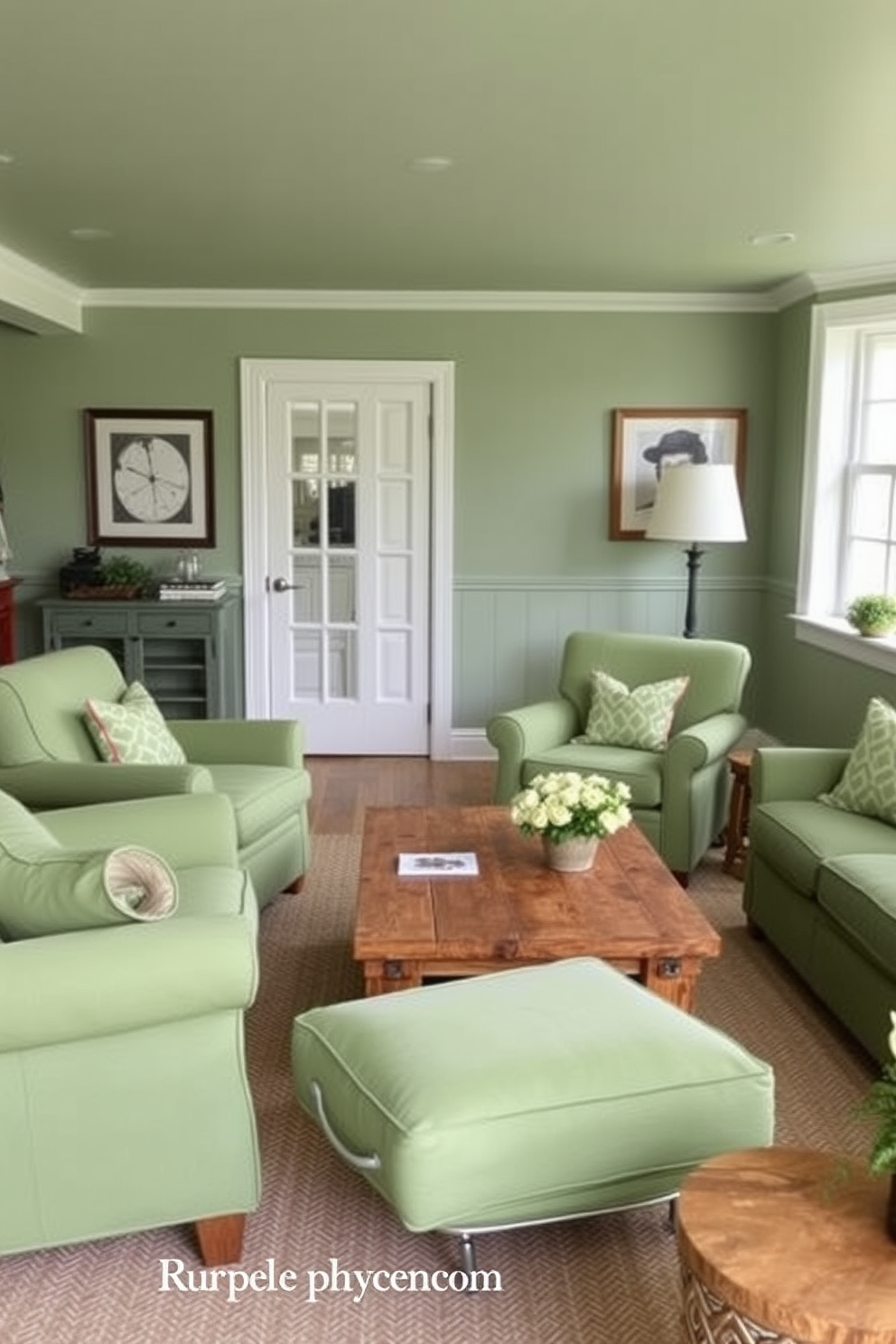 Cottage style green furniture adds a charming touch to any space. Picture a cozy living area filled with soft green armchairs and a rustic coffee table made from reclaimed wood. For the green basement design, envision a warm and inviting atmosphere. Use light green walls paired with natural wood accents and comfortable seating to create a relaxing retreat.