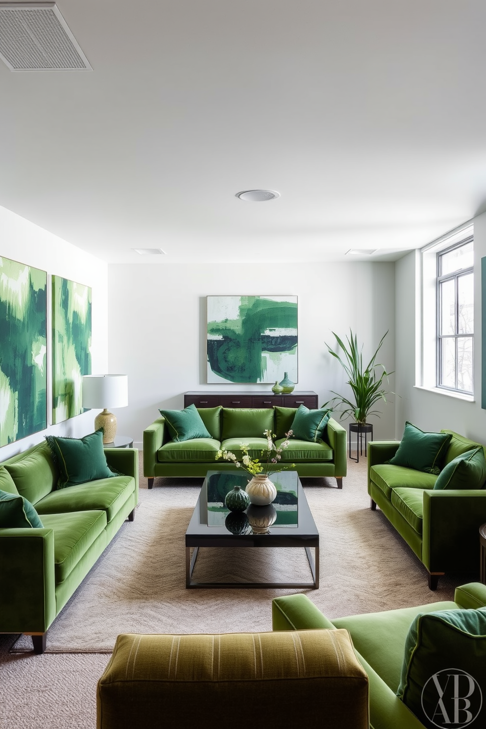 A serene basement space featuring green art pieces that enhance the overall ambiance. The walls are adorned with abstract green paintings, creating a cohesive and calming atmosphere. The design includes a comfortable seating area with plush green sofas and a sleek coffee table. Natural light filters in through large windows, complemented by stylish green decor accents throughout the room.