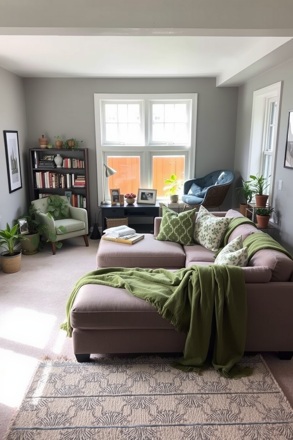 A cozy basement retreat featuring soft green throws draped over a plush sectional sofa. The walls are painted in a light gray, and large windows let in natural light, creating an inviting atmosphere. In one corner, a small reading nook is adorned with a comfortable armchair and a side table. Decorative shelves display an array of books and plants, enhancing the serene ambiance of the space.