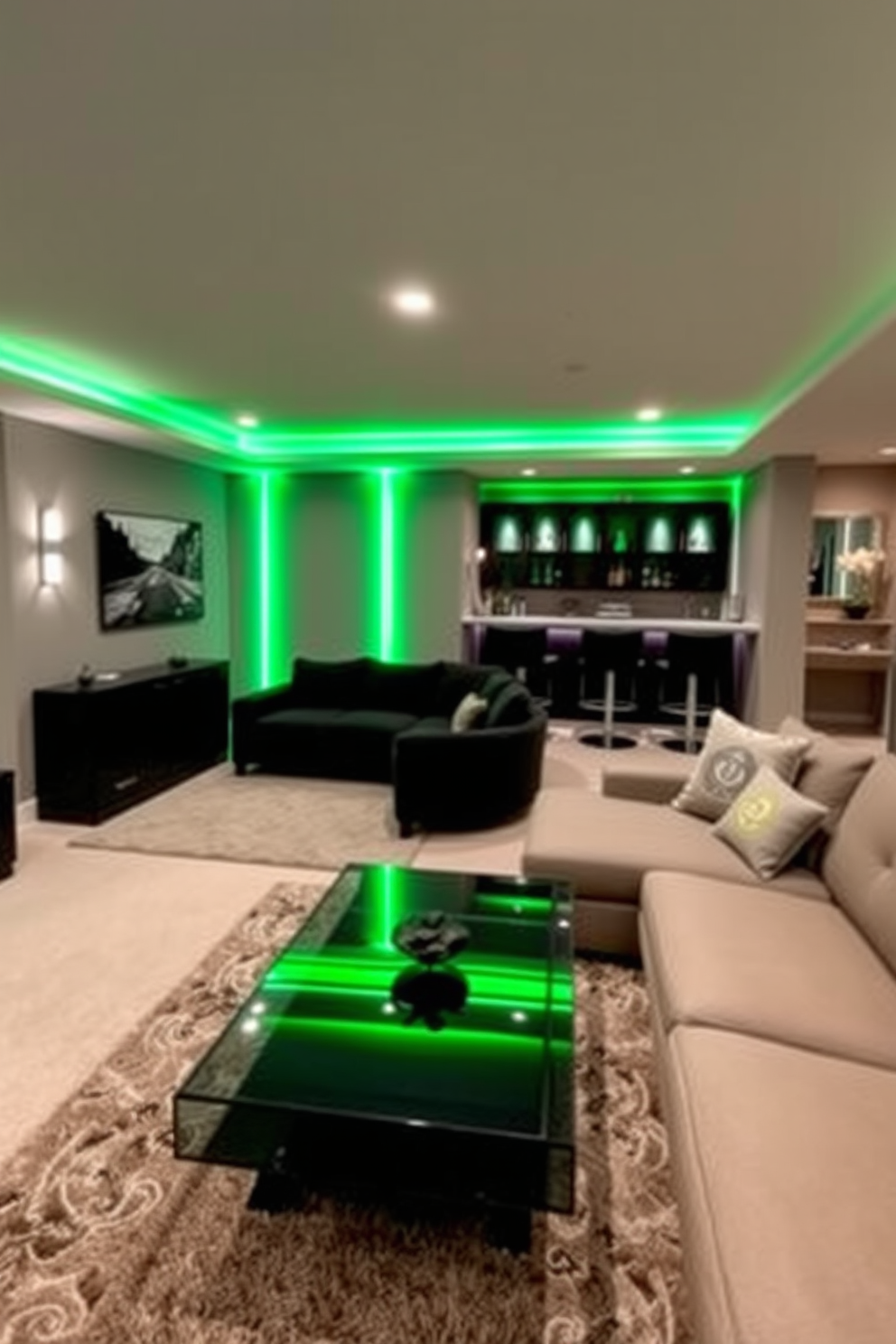 A contemporary basement design featuring green lighting fixtures that enhance the modern aesthetic. The space includes a sleek sectional sofa and a glass coffee table, with the green lights creating a warm and inviting atmosphere. The walls are painted in a soft gray, complemented by a plush area rug in neutral tones. A home bar area is elegantly integrated into the design, showcasing stylish bar stools and ambient lighting that highlights the features of the space.