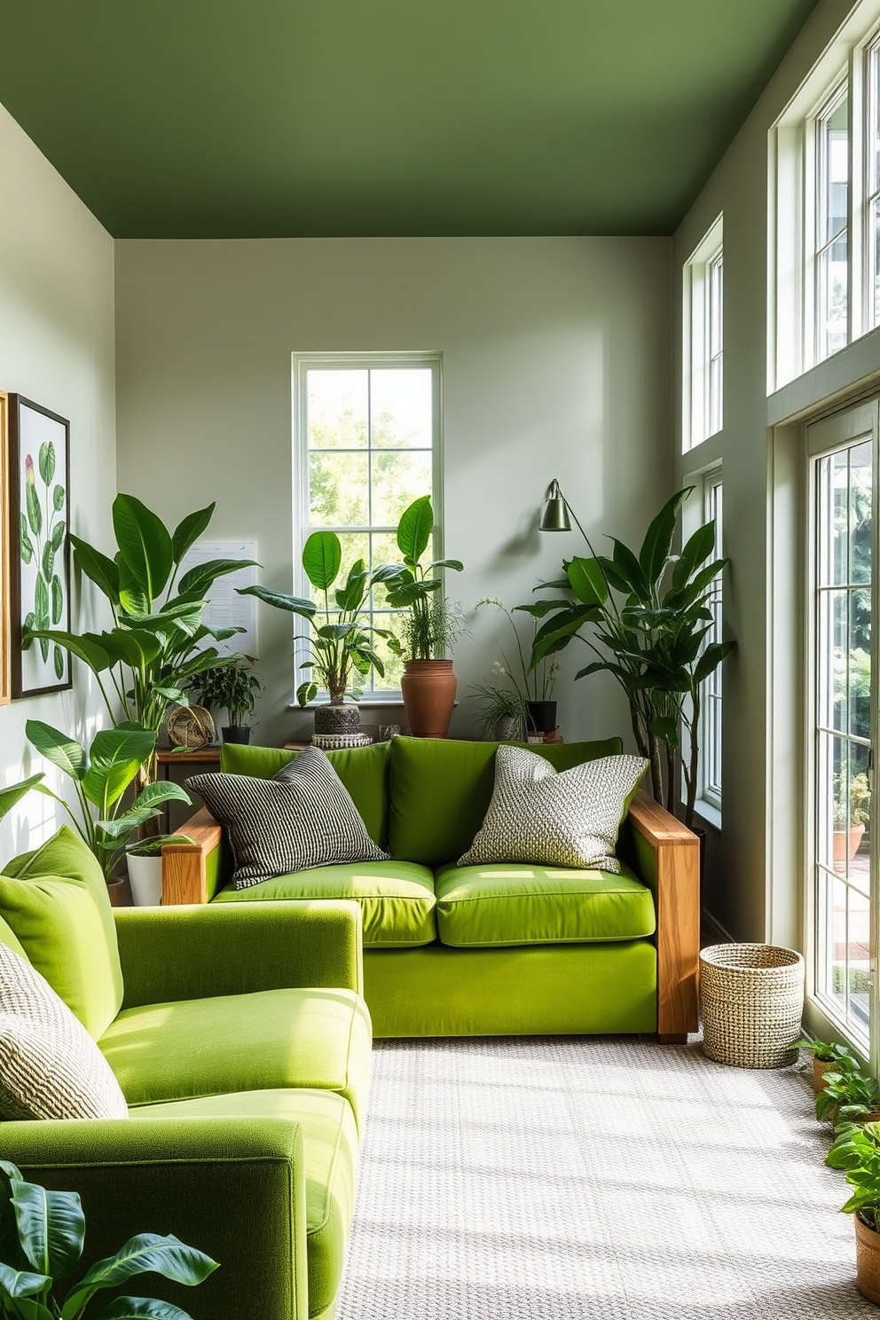 A serene basement retreat that incorporates nature-inspired green decor elements. The walls are adorned with botanical prints, and lush indoor plants are strategically placed to create a calming atmosphere. Natural light filters in through large windows, enhancing the vibrant green tones of the furnishings. A cozy seating area features a soft green sofa paired with wooden accents and textured throw pillows for added comfort.