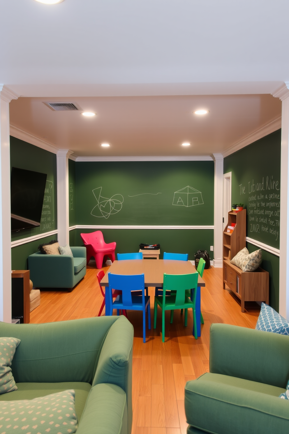 A creative basement space featuring walls painted in green chalkboard paint. The room is designed for inspiration and collaboration, with comfortable seating and ample lighting to enhance creativity. The flooring is a warm wood tone that contrasts beautifully with the green walls. A large table in the center is surrounded by colorful chairs, providing a perfect spot for brainstorming sessions or family activities.