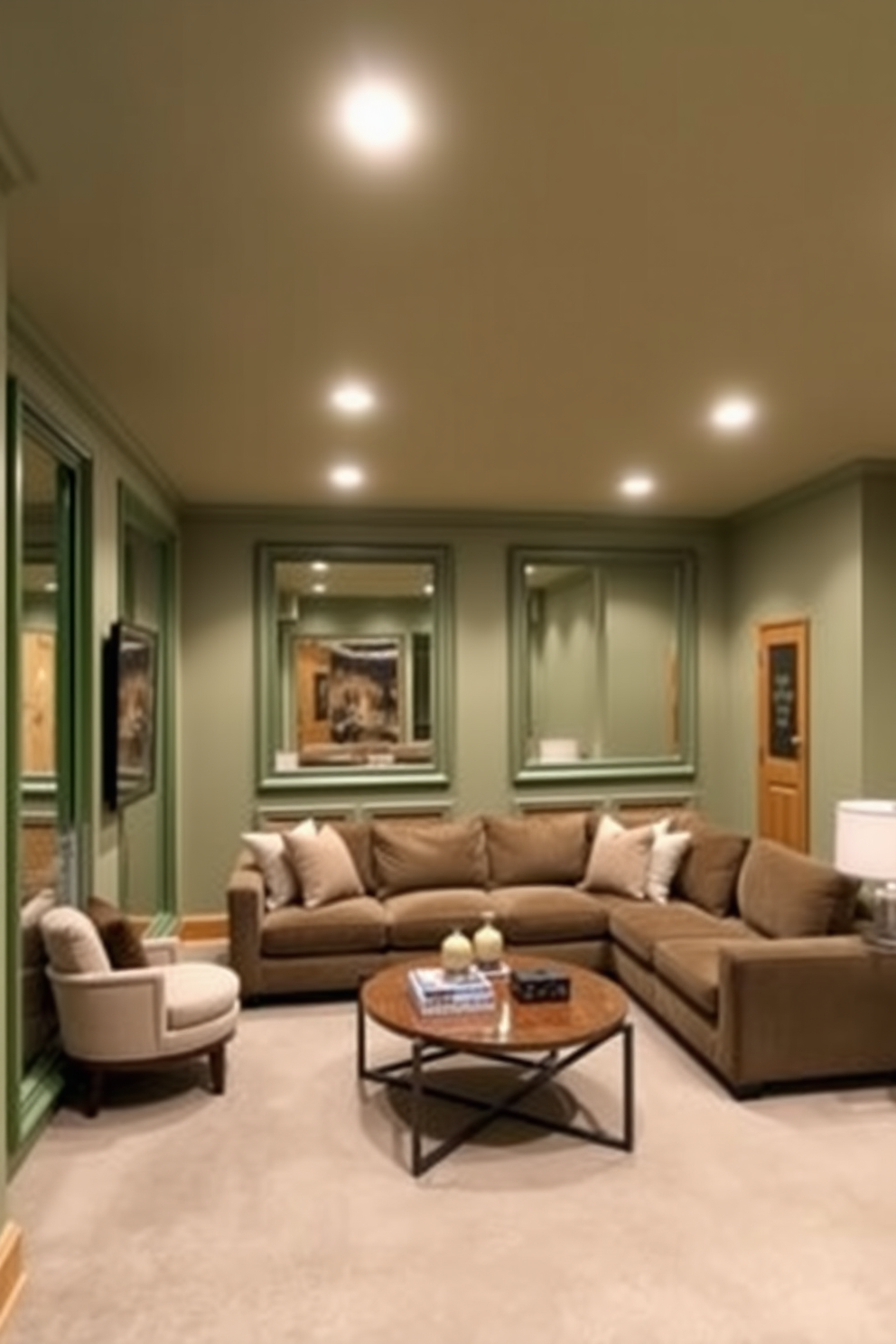 A green basement designed for relaxation and entertainment. The space features large green framed mirrors that enhance the spacious feel and reflect light throughout the room. Comfortable seating arrangements include a plush sectional sofa and a stylish coffee table. The walls are painted in a soft sage green, complemented by warm wooden accents and ambient lighting.